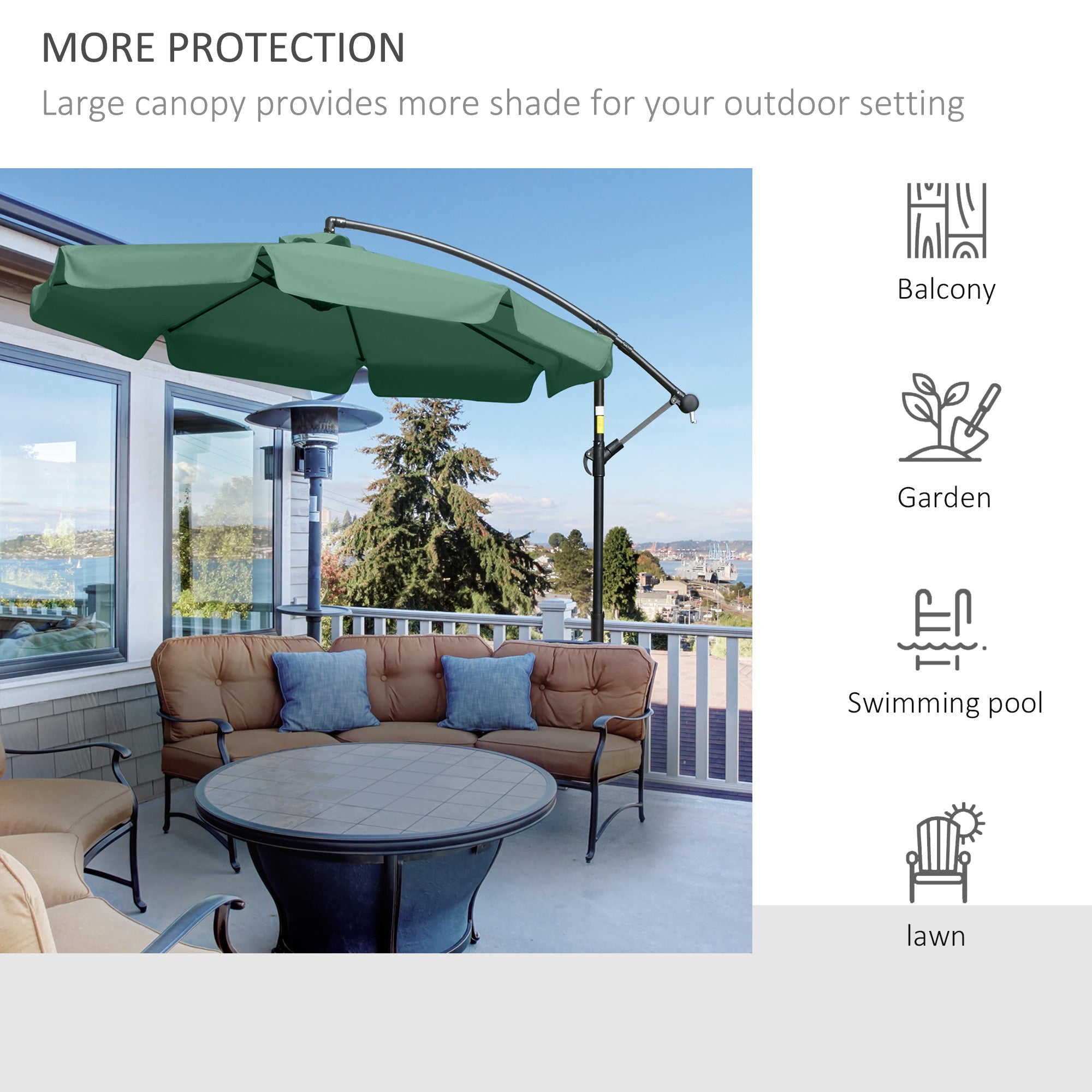 Outsunny 2.7m Garden Parasol Cantilever Umbrella with Crank Handle and Cross Base for Outdoor, Hanging Sun Shade, Green - North Peak Garden Furniture