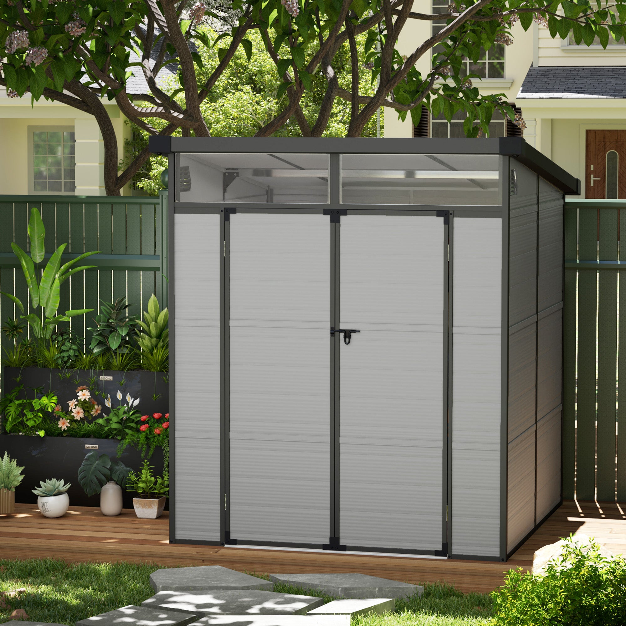 Outsunny 6 x 6ft Outdoor Storage Shed, Plastic Garden Shed with Windows and Air Vents, Outdoor Resin Tool Shed with Latch Doors for Garden, Deck, Light Grey - North Peak Garden Furniture