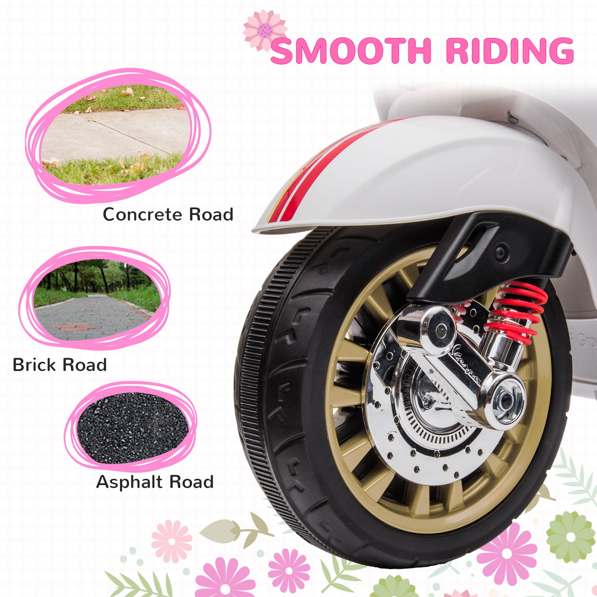 AIYAPLAY 12V Vespa Licensed Kids Electric Motorbike w/ Music, Headlights, FM Radio, for 3-6 Years - White - North Peak Garden Furniture