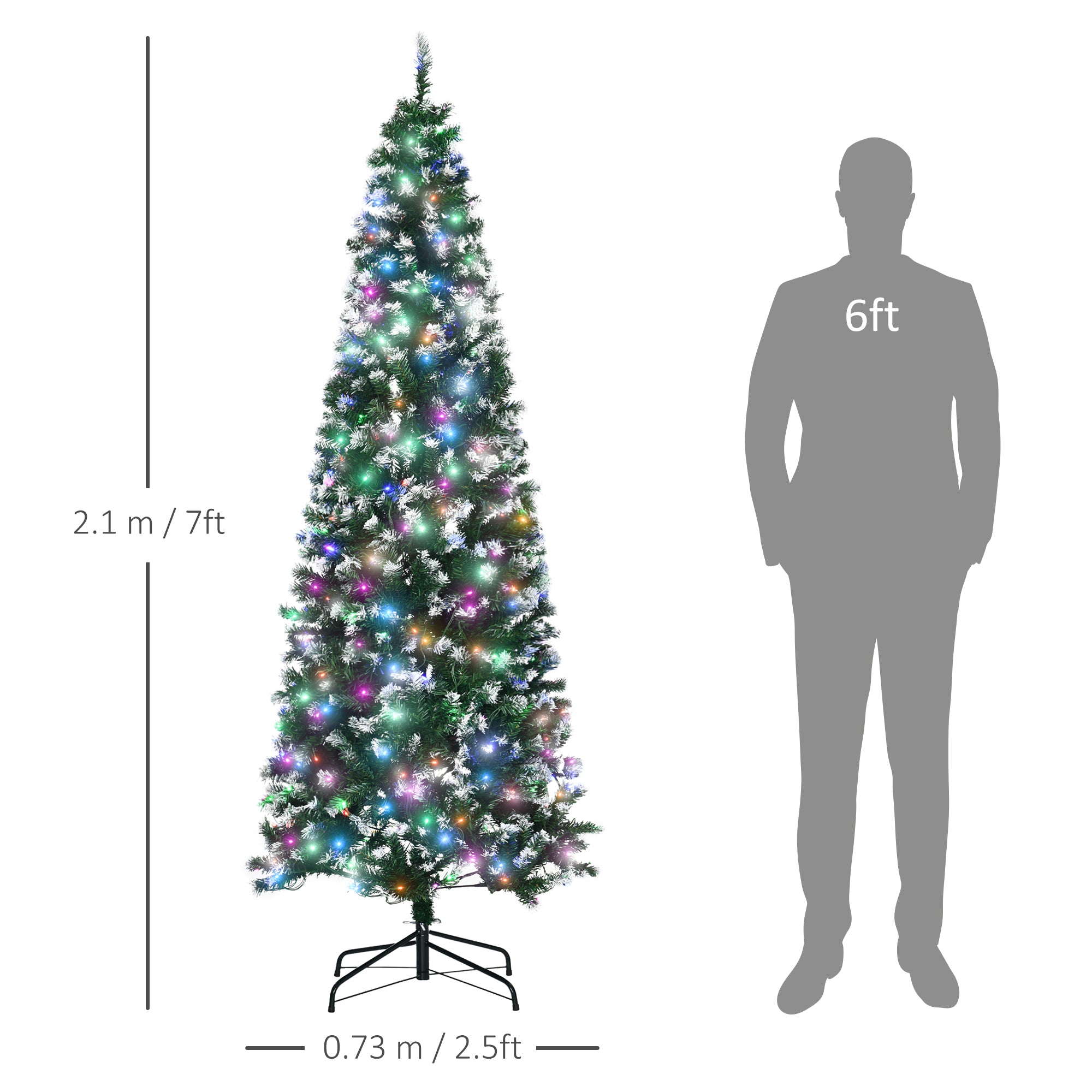 HOMCOM 7FT Tall Prelit Pencil Slim Artificial Christmas Tree with Realistic Branches, 350 Colourful LED Lights and 818 Tips, Xmas Decoration, Green - North Peak Garden Furniture