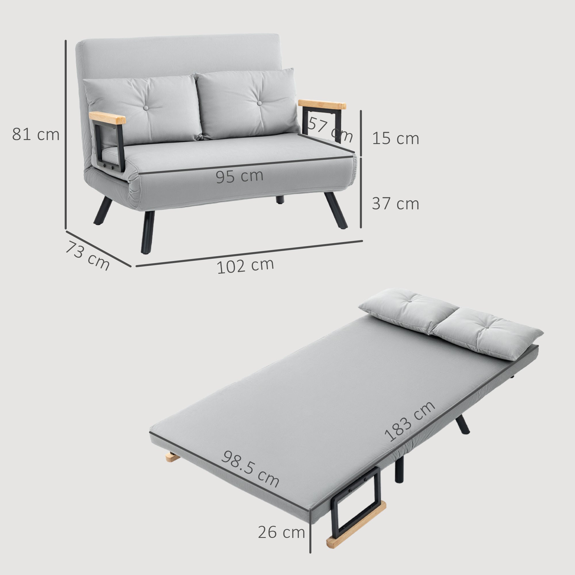 HOMCOM 4-in-1 Velvet-Feel Double Sofa Bed, with Pillows - Light Grey - North Peak Garden Furniture