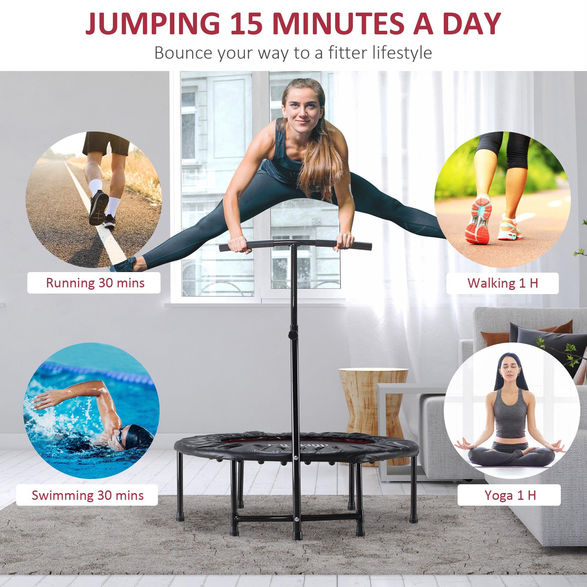 HOMCOM 40'' Fitness Trampoline with Adjustable Handle, Rebounder Trampoline Mini Jumper for Indoor Exercise Workout, Support Up to 100kg, Black - North Peak Garden Furniture