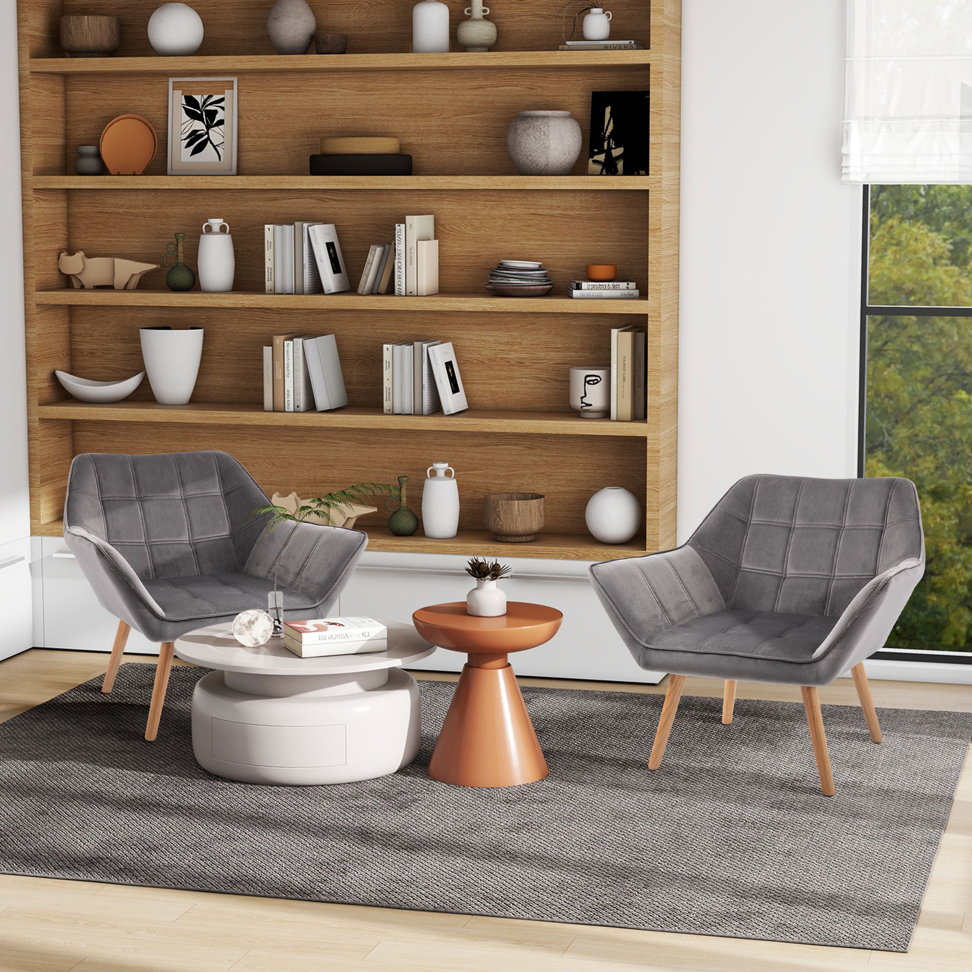 HOMCOM Armchair Accent Chair, Vanity Chair with Wide Arms, Slanted Back, Padding, Metal Frame, Wooden Legs, Home Bedroom Furniture Seating, Set of 2, Grey - North Peak Garden Furniture