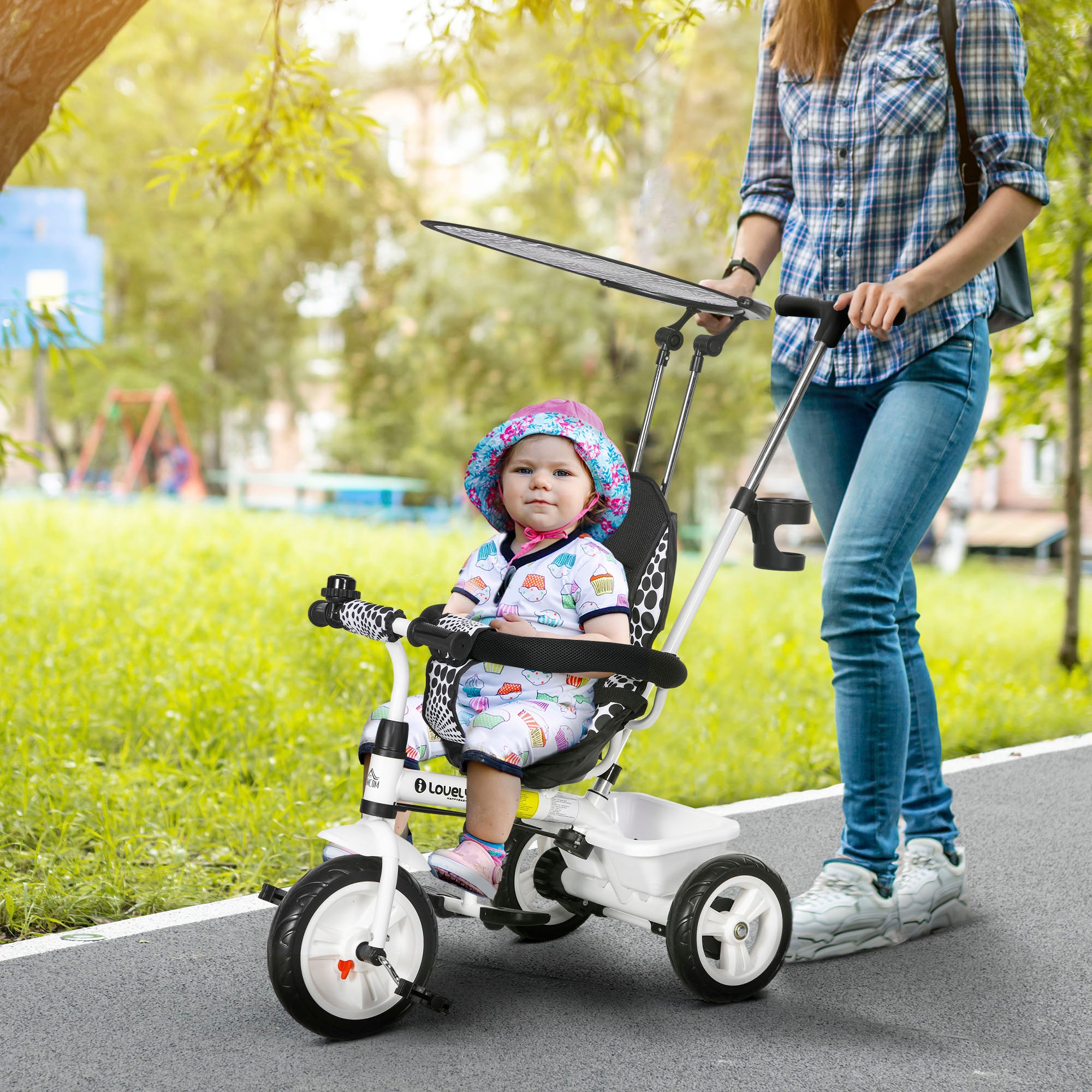 HOMCOM 6 in 1 Tricycle for Kids with 5-point harness straps, Removable Canopy, White - North Peak Garden Furniture