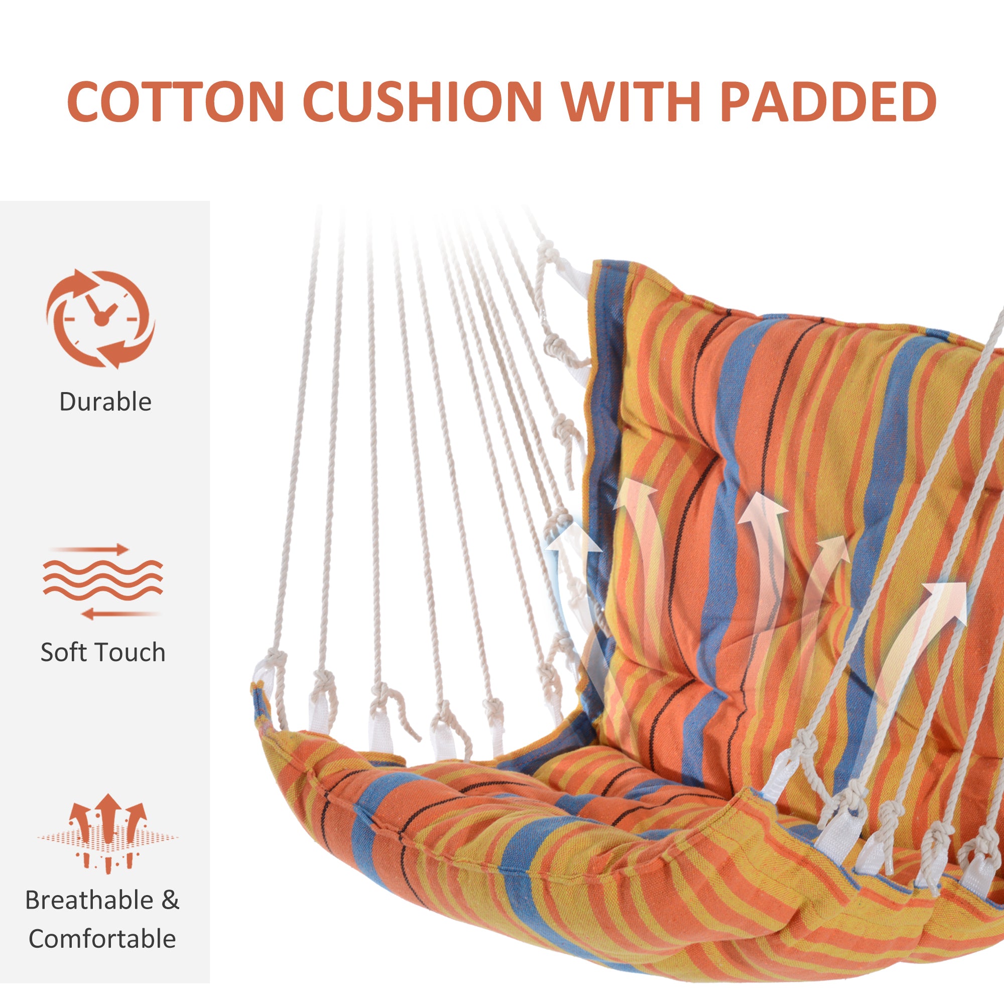 Outsunny Outdoor Hanging Rope Chair with Soft Padded Seat & Backrest, Garden Hammock Chair with Wooden Support Bar Cotton Cloth, Portable Garden Chair for Patio & Tree, Orange - North Peak Garden Furniture