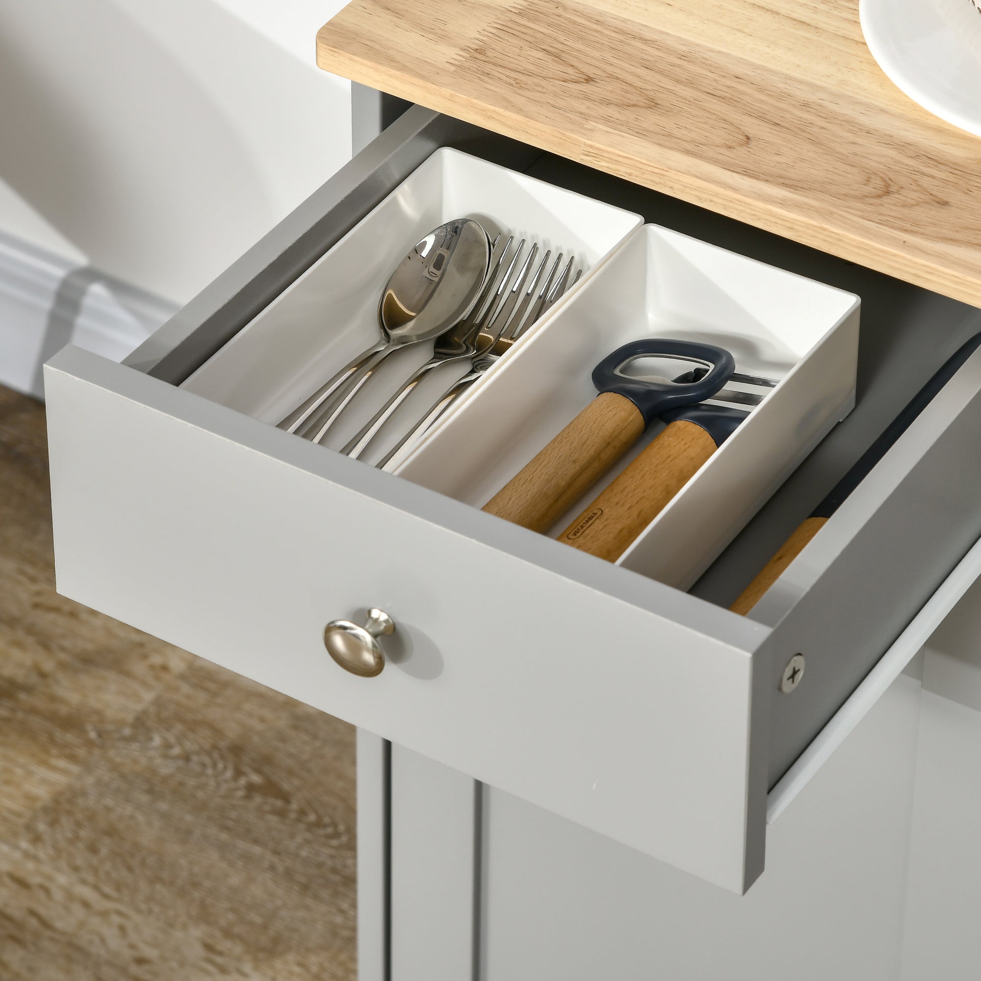 HOMCOM Sideboard with Rubberwood Top and Adjustable Shelves for Dining Room, Kitchen - Grey - North Peak Garden Furniture