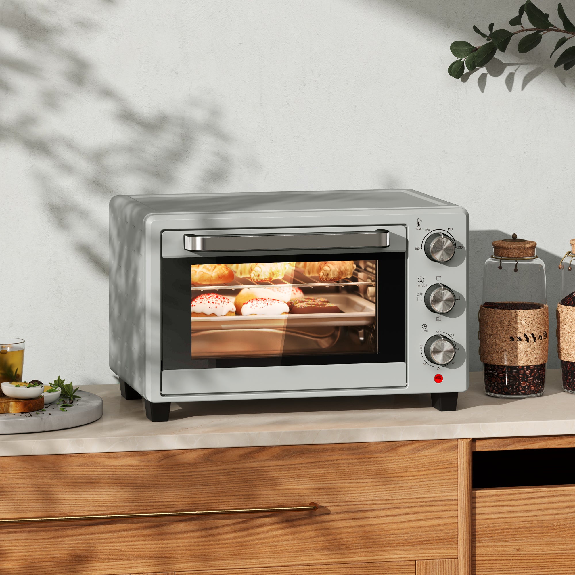 HOMCOM 21L Mini Countertop Oven, 100°C-230°C Adjustable Temp - Silver Tone - North Peak Garden Furniture
