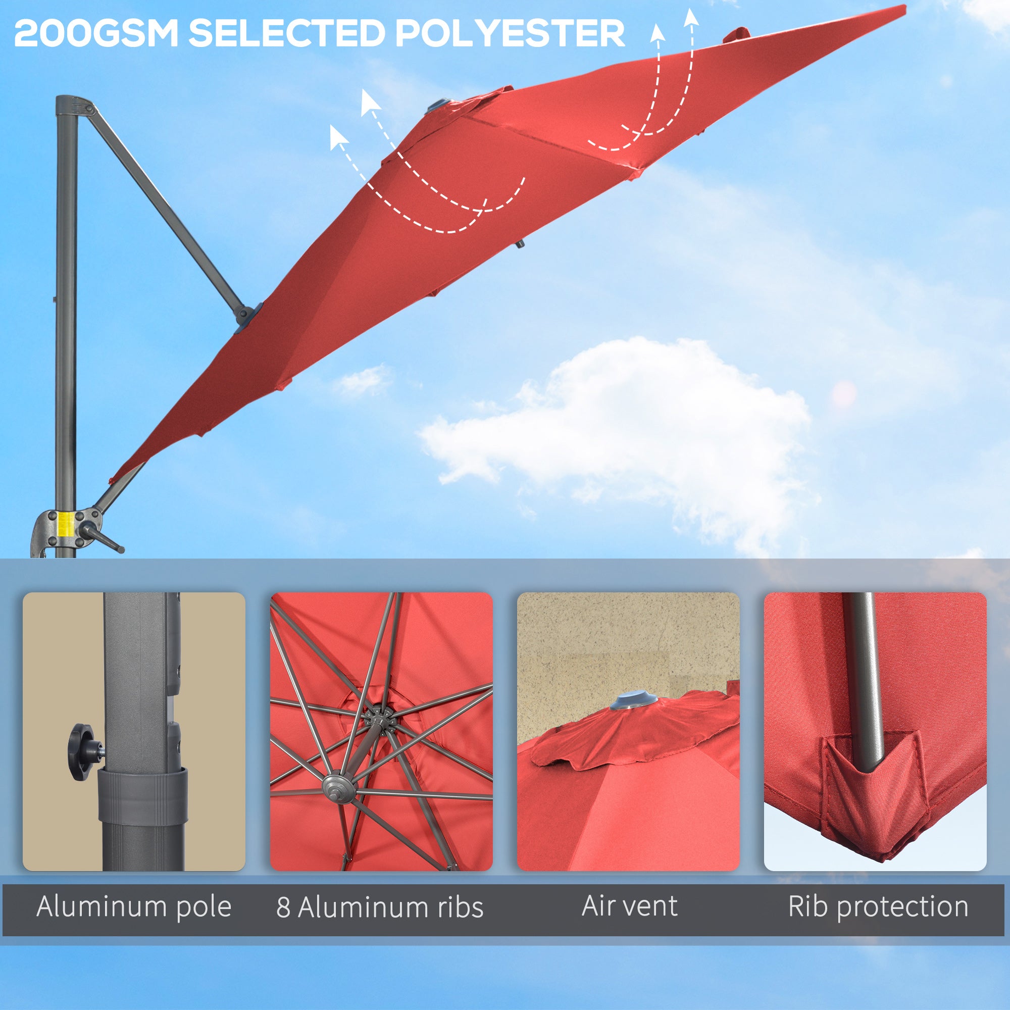Outsunny 3 x 3(m) Cantilever Parasol with Cross Base Crank Handle - Wine Red - North Peak Garden Furniture