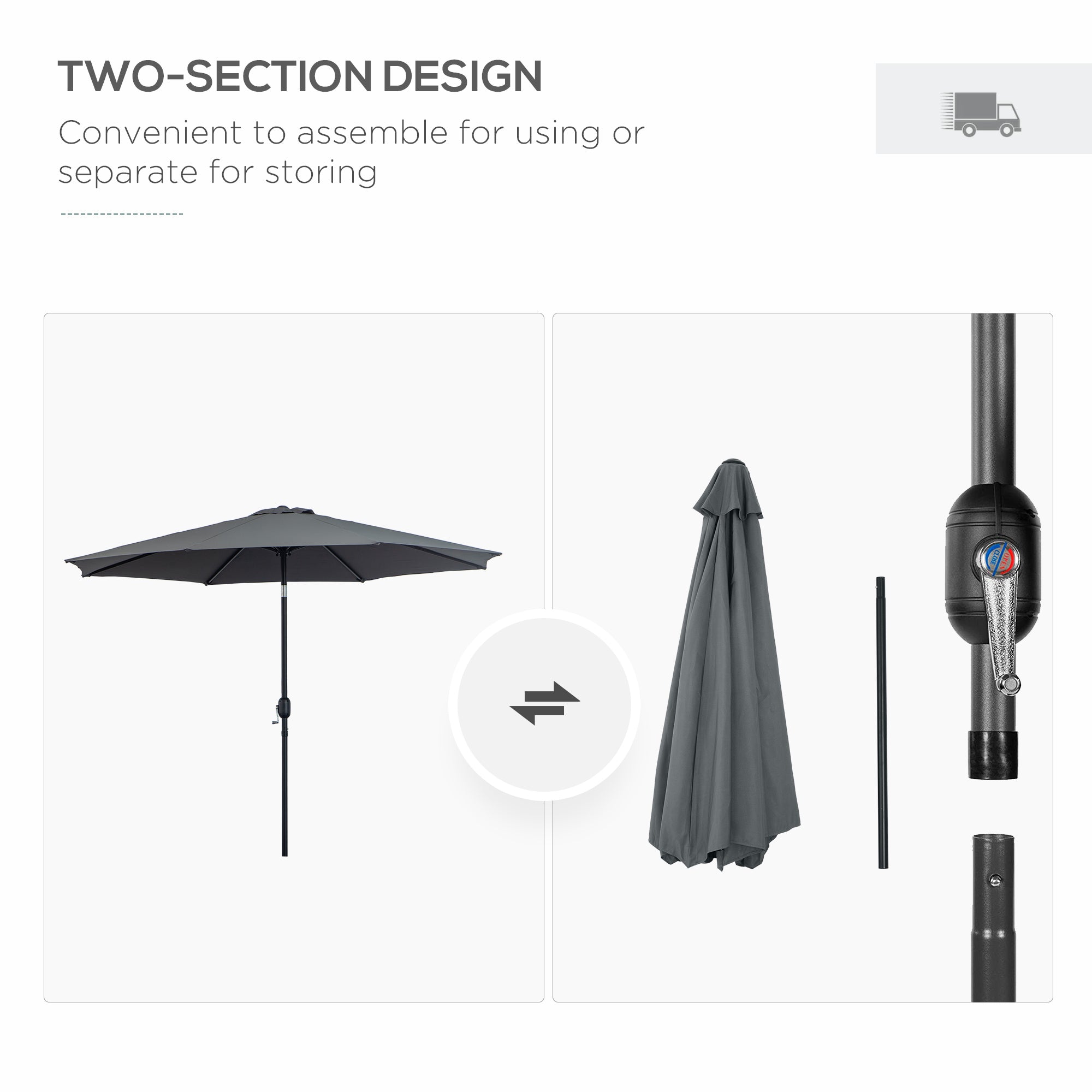 Outsunny 3(m) Tilting Parasol Garden Umbrellas, Outdoor Sun Shade with 8 Ribs, Tilt and Crank Handle for Balcony, Bench, Garden, Dark Grey - North Peak Garden Furniture