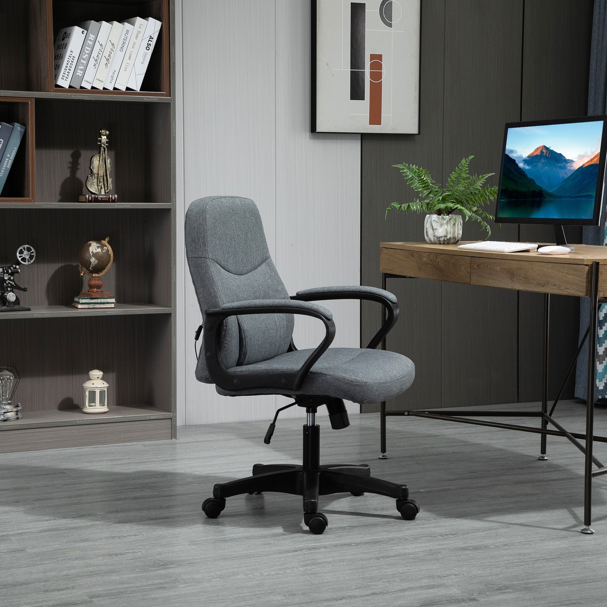 Vinsetto Office Chair, Fabric Desk Chair Mid Back Work Study Chair with Massage Lumbar Support, Adjustable Height and Swivel Wheels, Grey - North Peak Garden Furniture