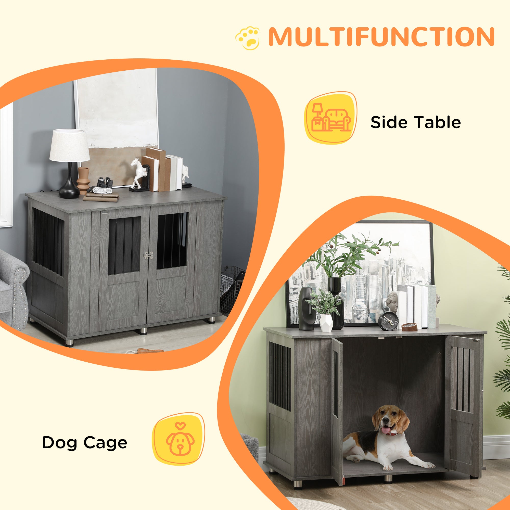 PawHut Dog Crate Table for Medium and Large Dogs with Magnetic Door for Indoor Use, 116 x 60 x 87 cm, Grey - North Peak Garden Furniture