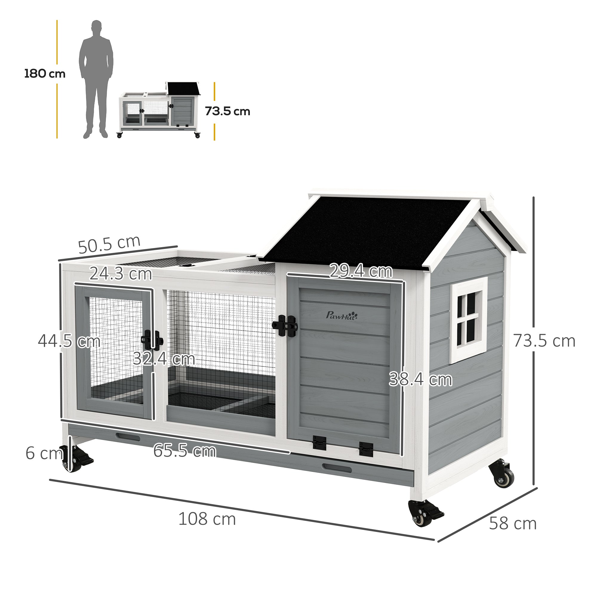 PawHut Wooden Rabbit Hutch, Guinea Pig Cage, with Removable Tray, Wheels - Grey - North Peak Garden Furniture