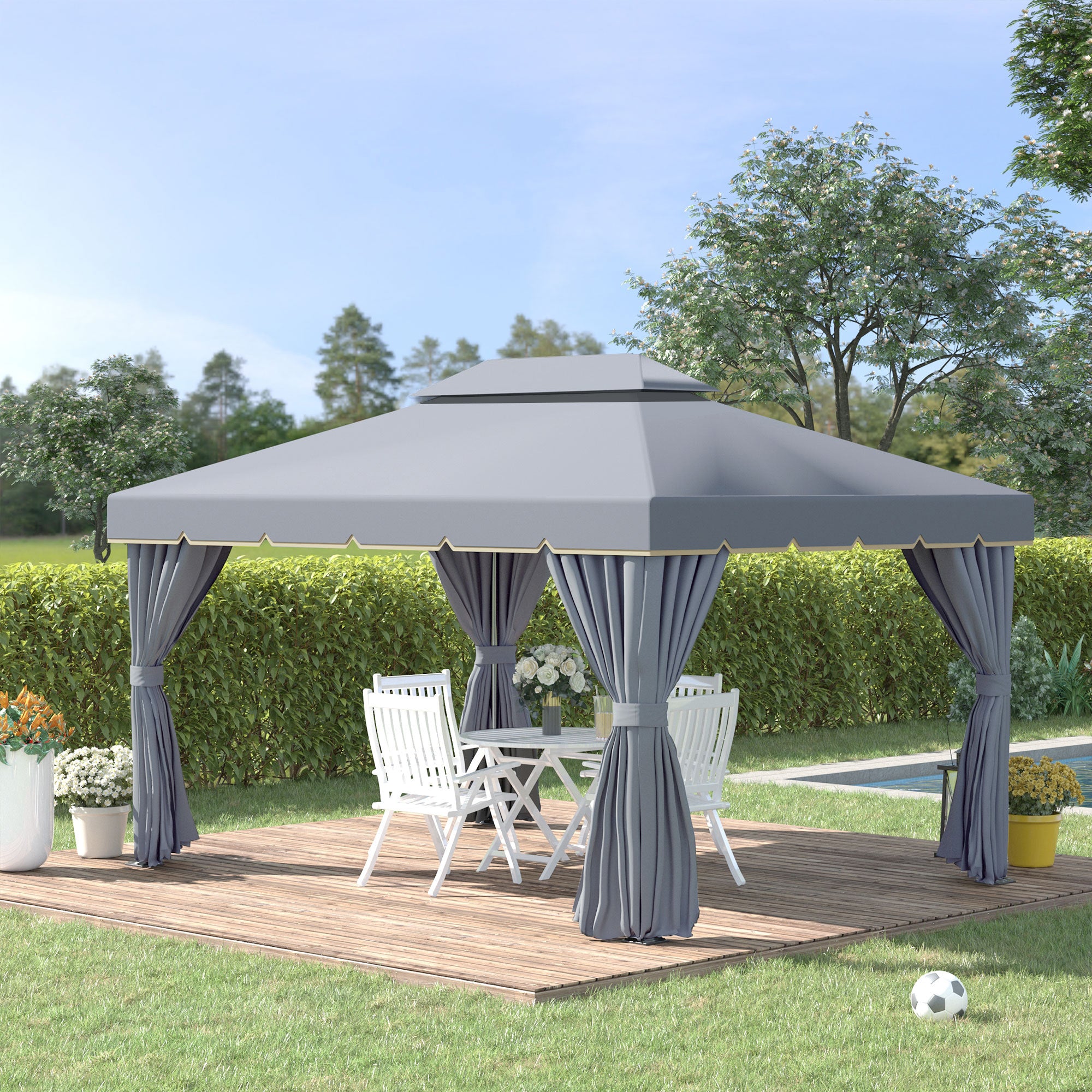 Outsunny 3 x 4m Aluminium Garden Gazebo, Marquee Canopy Shelter Pavilion Party Tent with Nets and Curtains for Garden, Lawn, Backyard and Deck, Grey - North Peak Garden Furniture