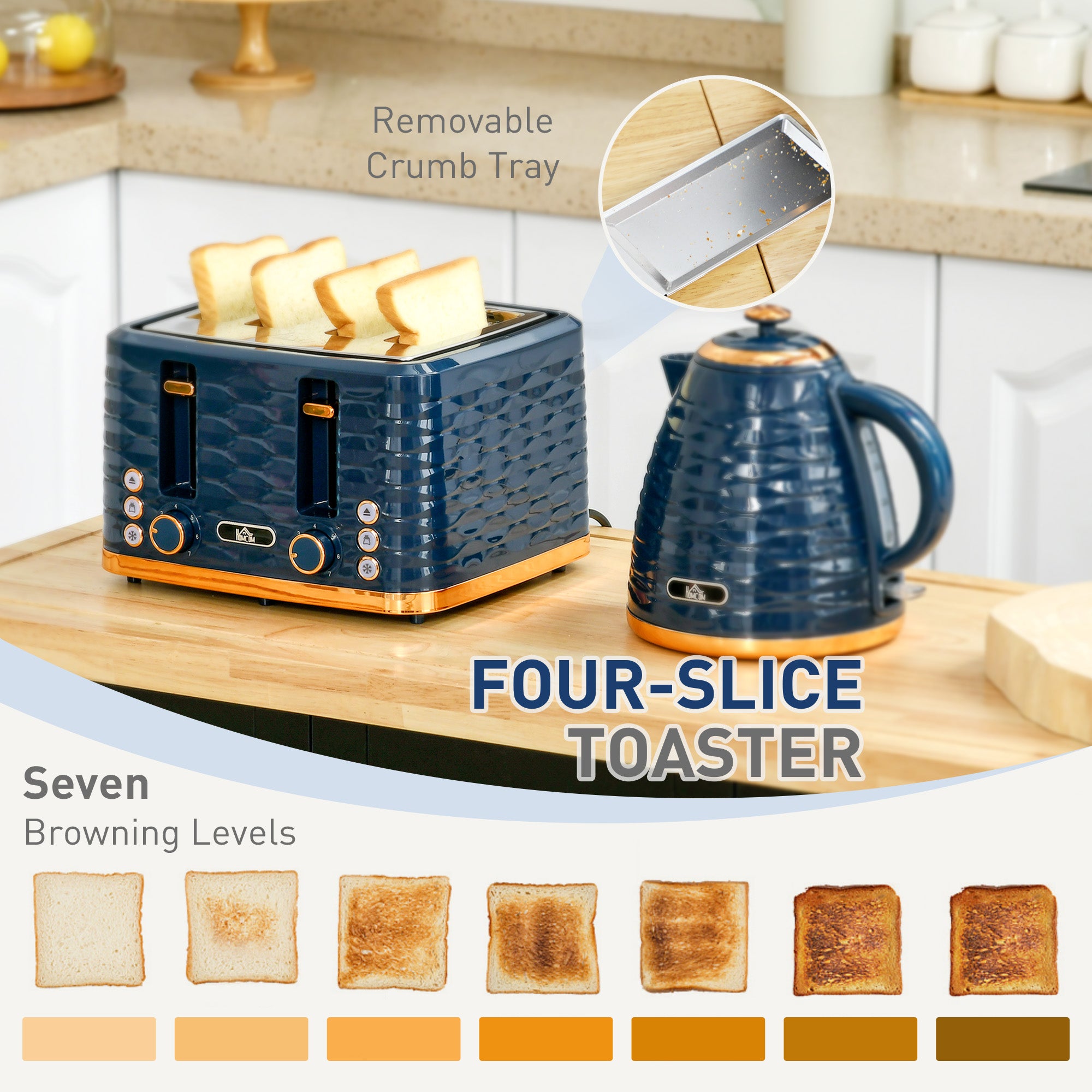HOMCOM 3000W 1.7L Rapid Boil Kettle & 4 Slice Toaster, Kettle and Toaster Set with 7 Browning Controls and Crumb Tray, Blue - North Peak Garden Furniture