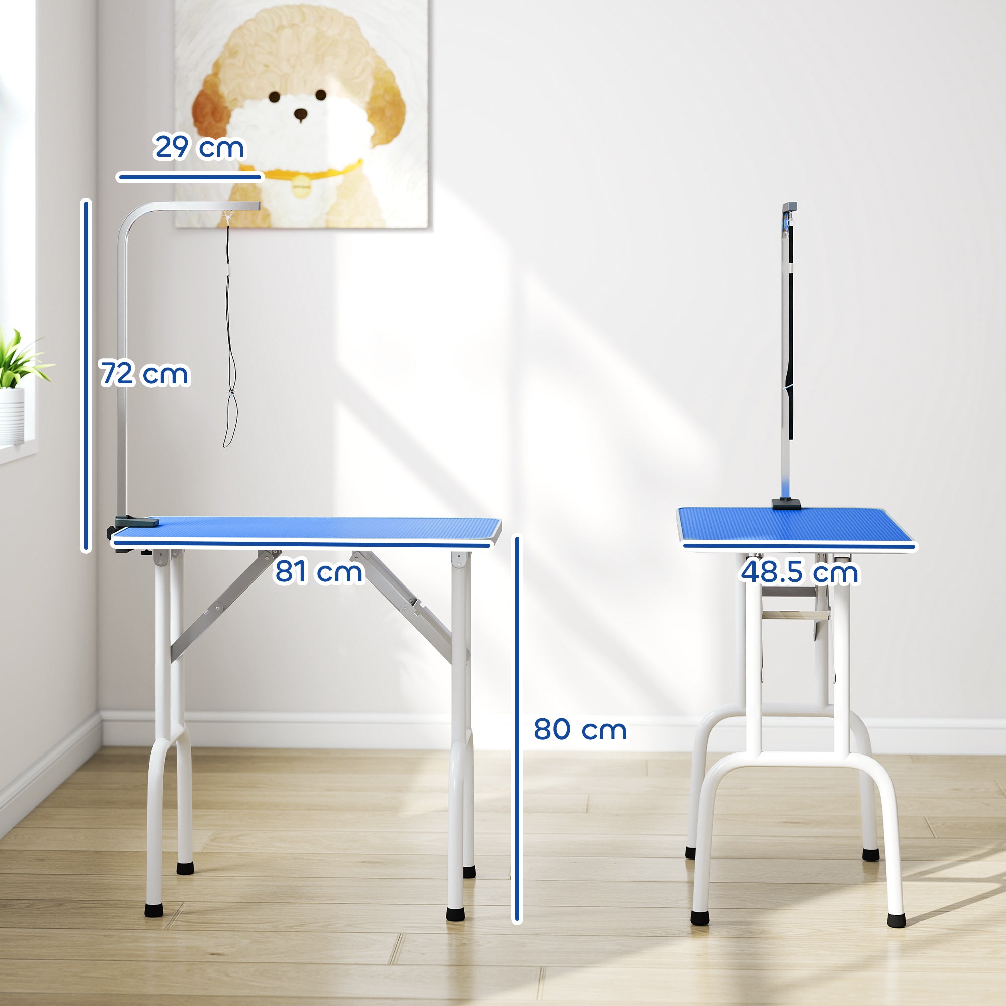 PawHut 32" Foldable Dog Grooming Table Pet Drying Beauty Table Adjustable Fixed Arm Rubber Top, Blue