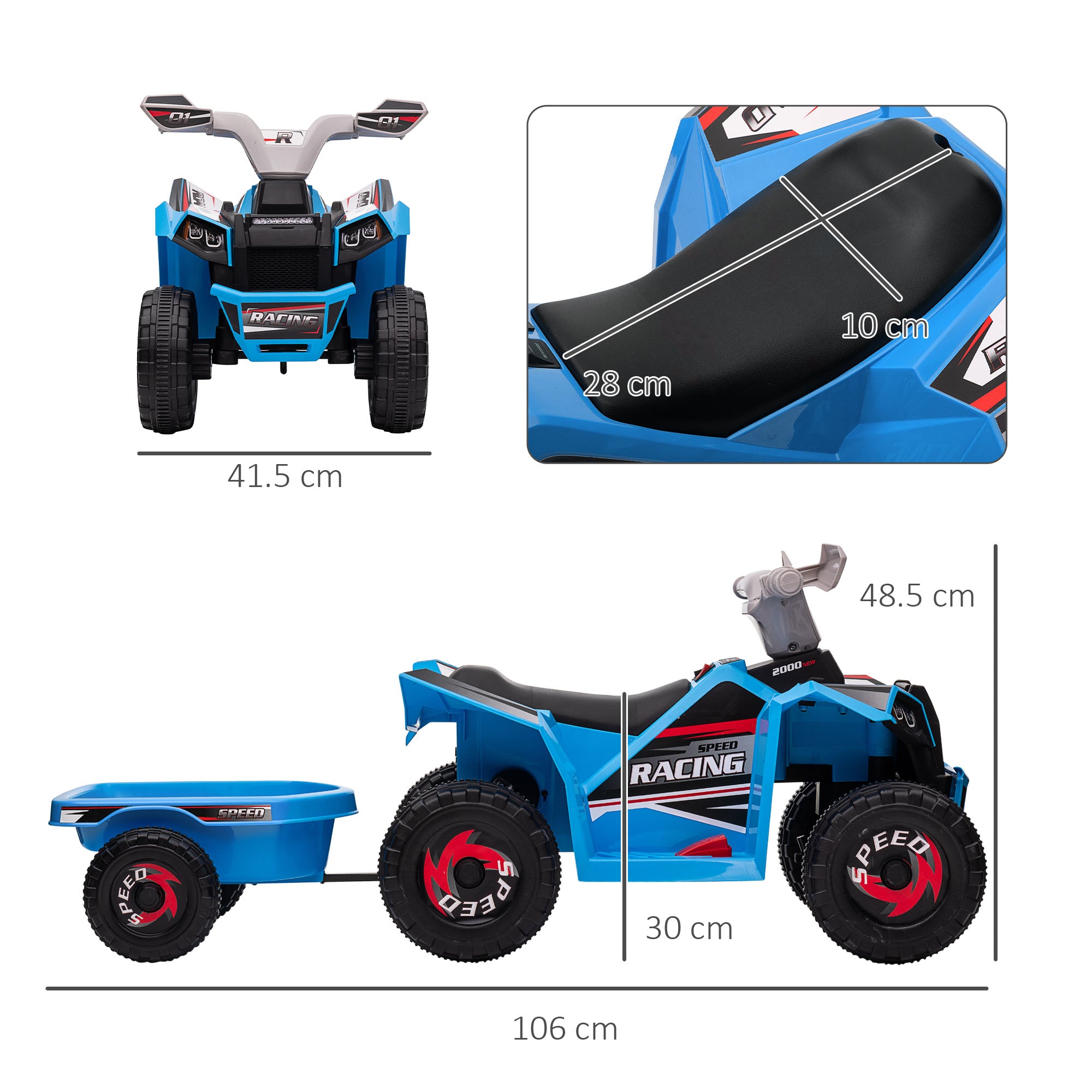 HOMCOM 6V Quad Bike with Back Trailer, Wear-Resistant Wheels, for Ages 18-36 Months, Blue - North Peak Garden Furniture