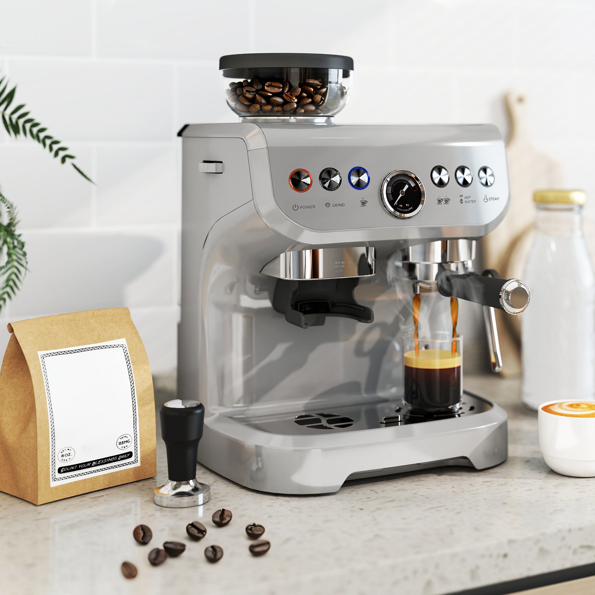 HOMCOM 15 Bar Coffee Machine, with Adjustable Grind, Steamer and Accessories - Silver Colour - North Peak Garden Furniture
