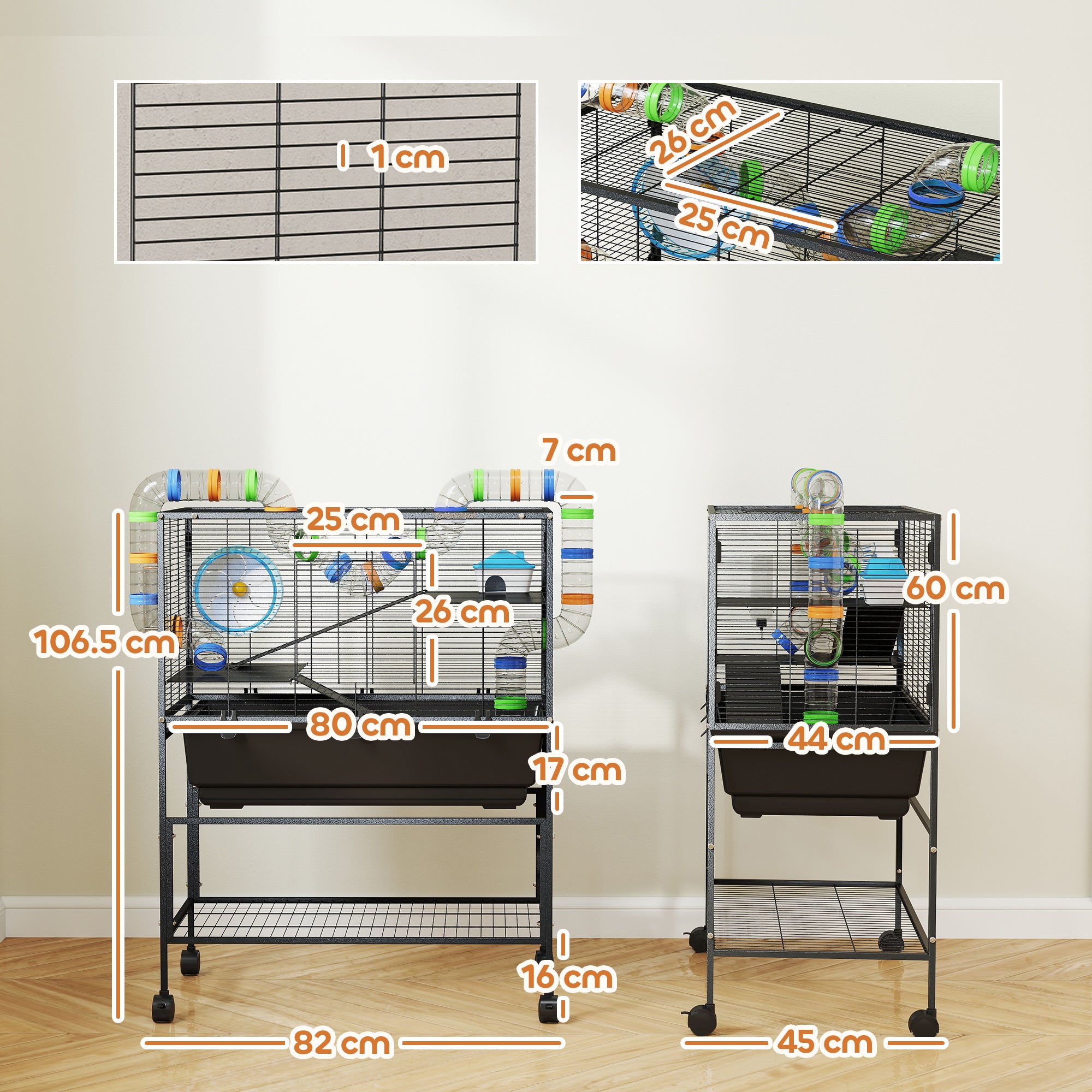 PawHut 3 Tier Large Hamster Cage on Wheels with 17 cm Deep Tray, Storage Shelf for Syrian, Gerbil, Rats - North Peak Garden Furniture