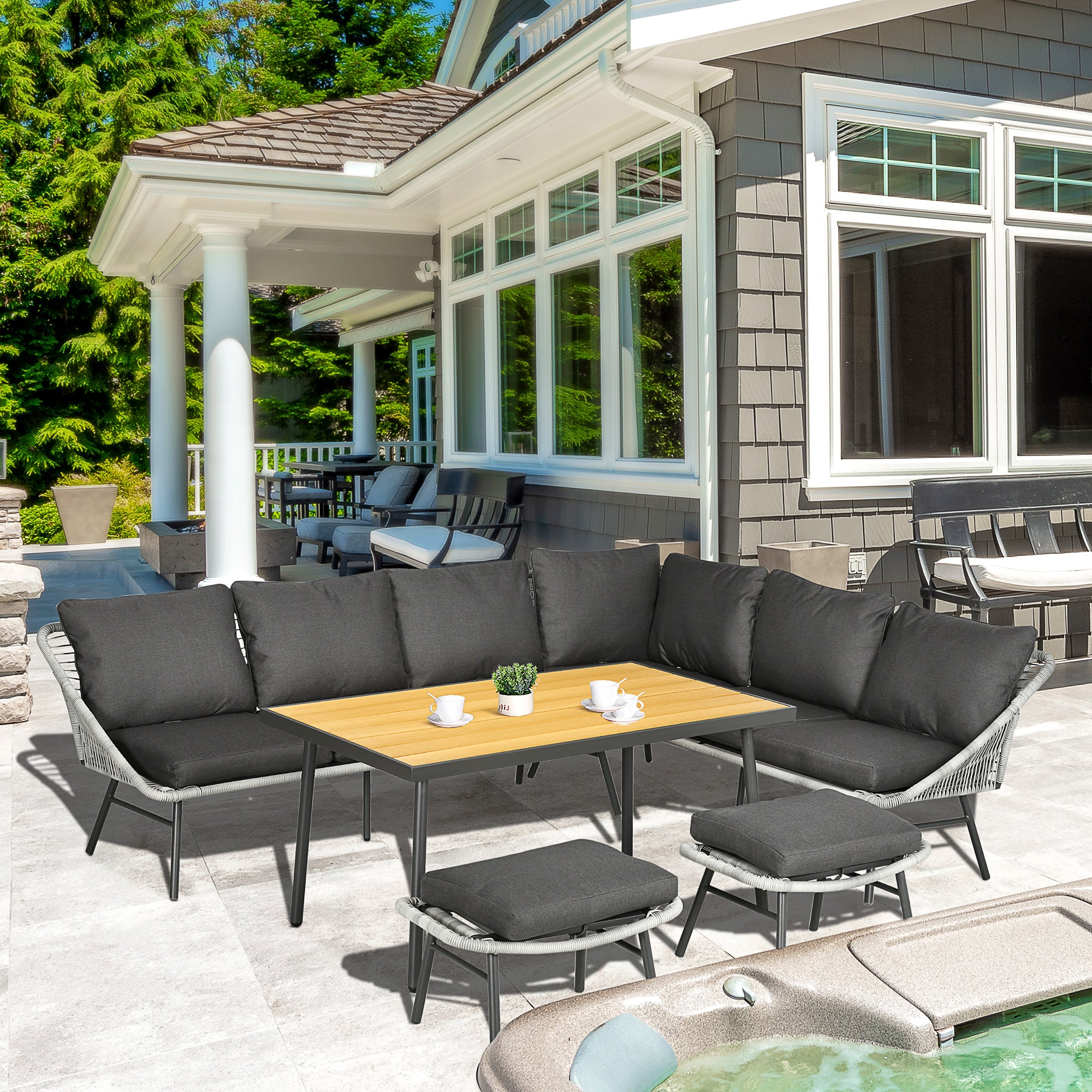 Outsunny 6 Seater Outdoor Rattan Garden Furniture Sets with Sofa, Footstool and Wood-Plastic Coffee Table, 193x72x75cm, Grey - North Peak Garden Furniture
