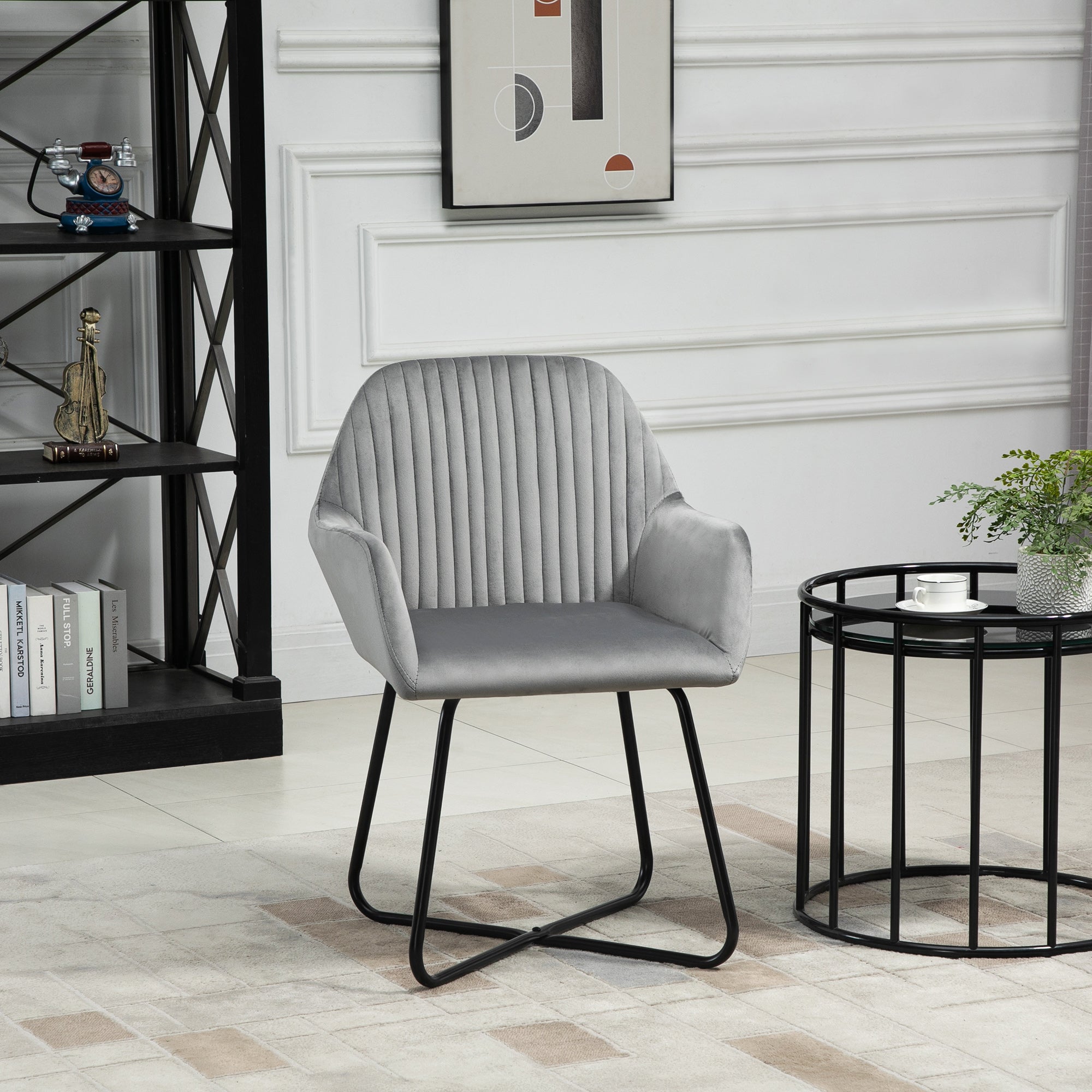 HOMCOM Velvet-Feel Plisse Back Accent Chair - Grey - North Peak Garden Furniture