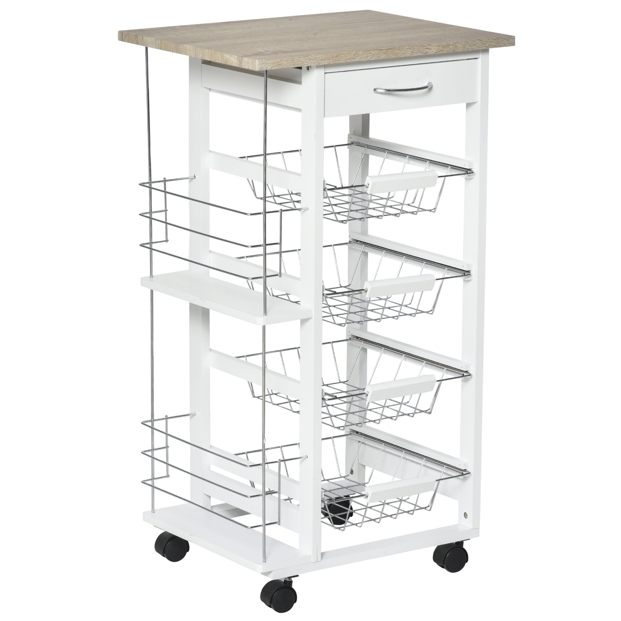 HOMCOM Rolling Kitchen Cart, Utility Storage Cart with 4 Basket Drawers & Side Racks, Wheels for Dining Room, Natural and White