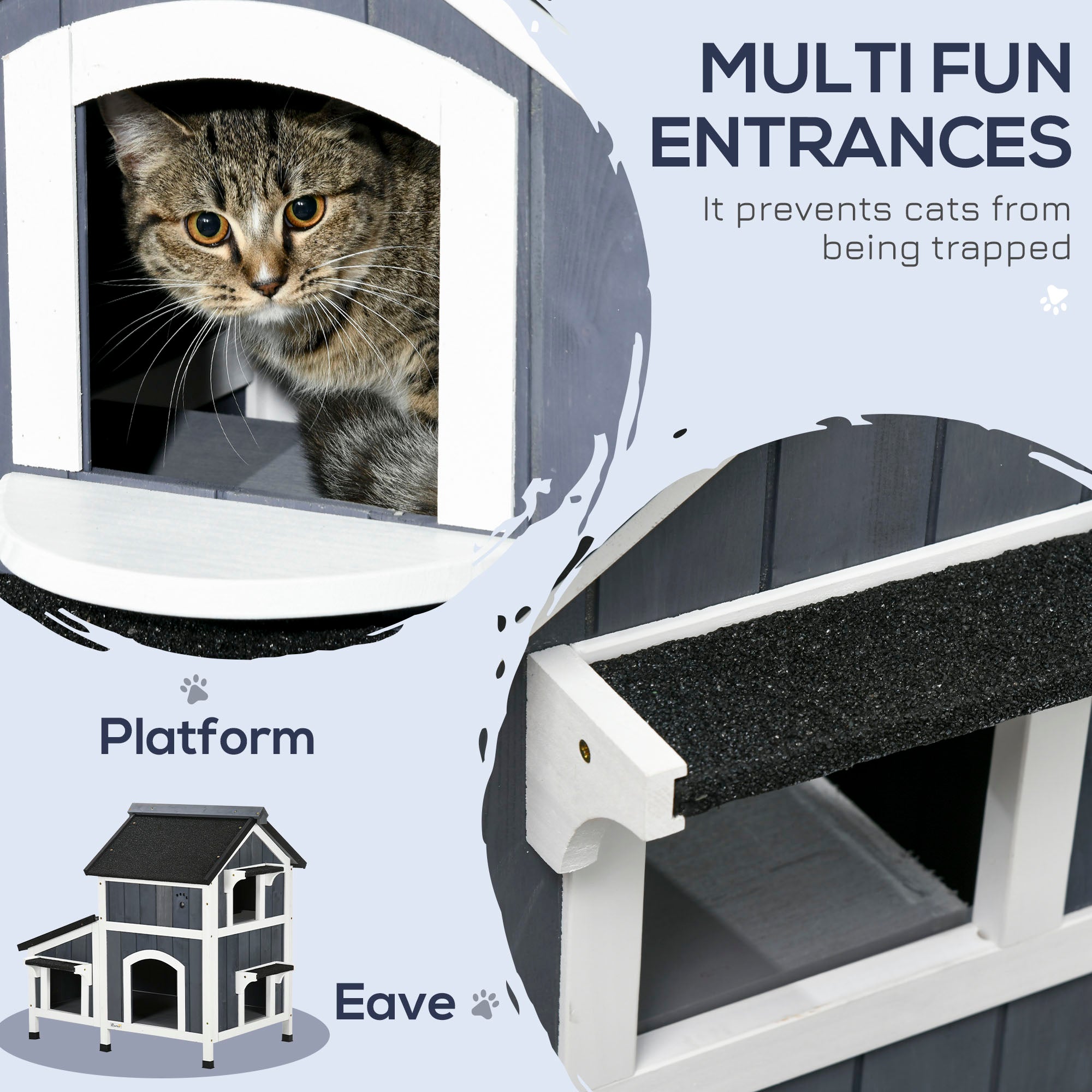 PawHut Wooden Outdoor Cat House with Flower Pot, Windows, Multiple Entrances, Water-Resistant Roof - Grey