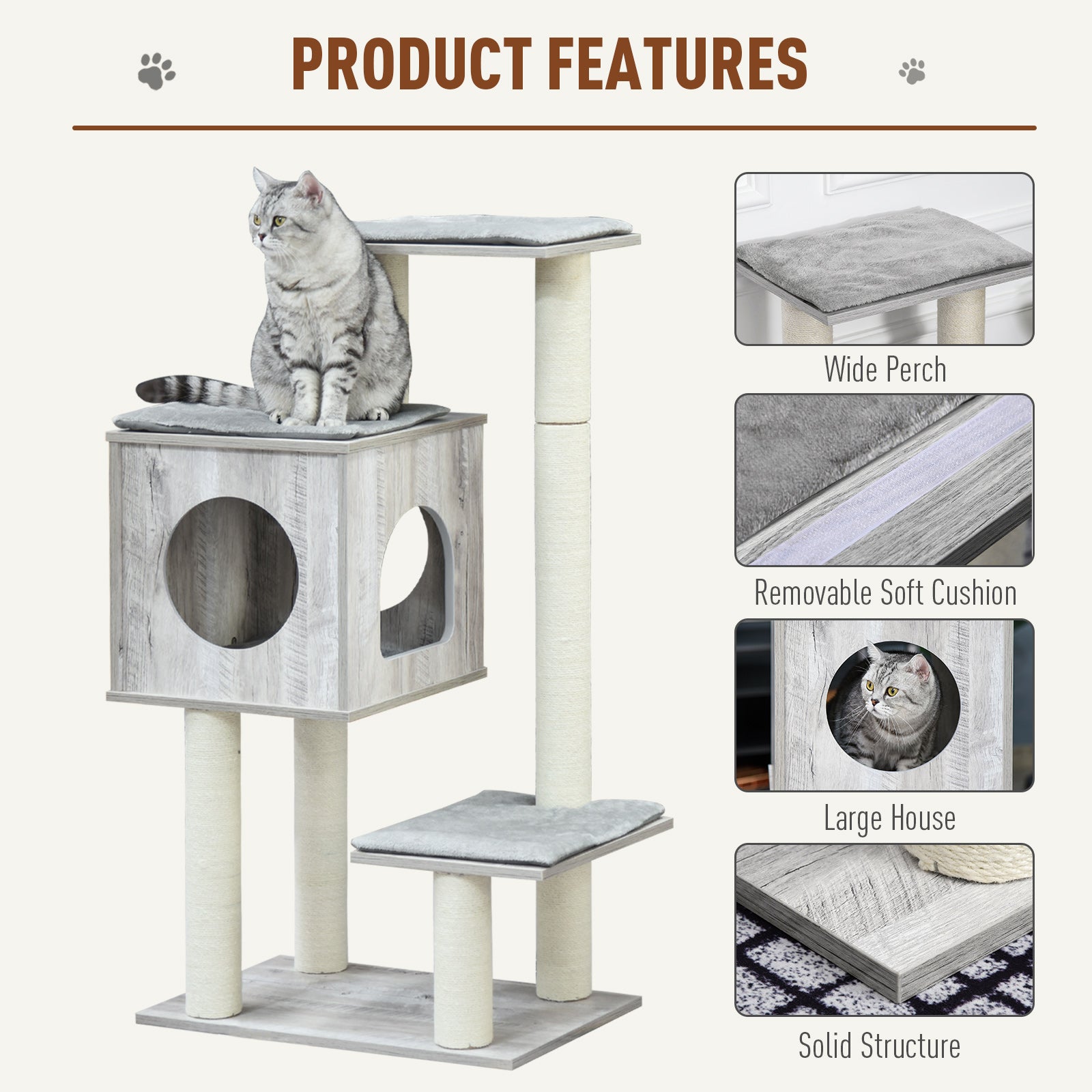PawHut Cat Tree for Indoor Large Cats 113cm Kitten Tower Condo Jute Scratching Post Kitten Play House Activity Center Furniture