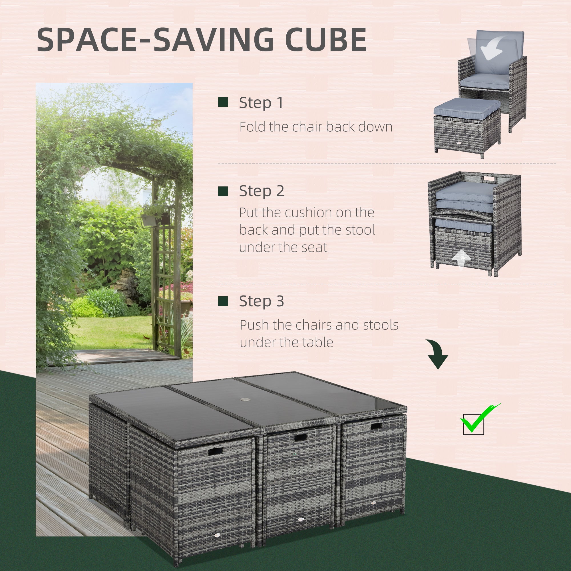 Outsunny 10 Seater Rattan Cube Garden Furniture Set with Parasol Hole, Rattan Dining Set with Cushions, Outdoor Dining Table and Chairs with Rectangular Glass Top Table for Patio, Mixed Grey - North Peak Garden Furniture