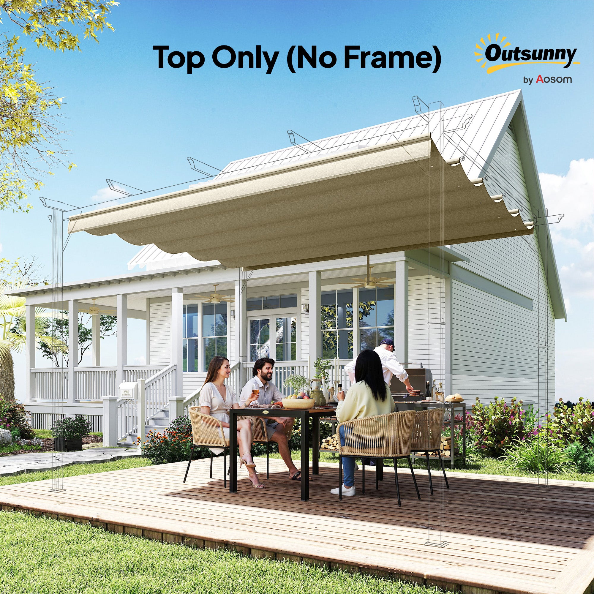 Outsunny Retractable Pergola Shade Cover, Replacement Canopy for 4 x 3 (m) Pergola, Retractable Roof, Beige