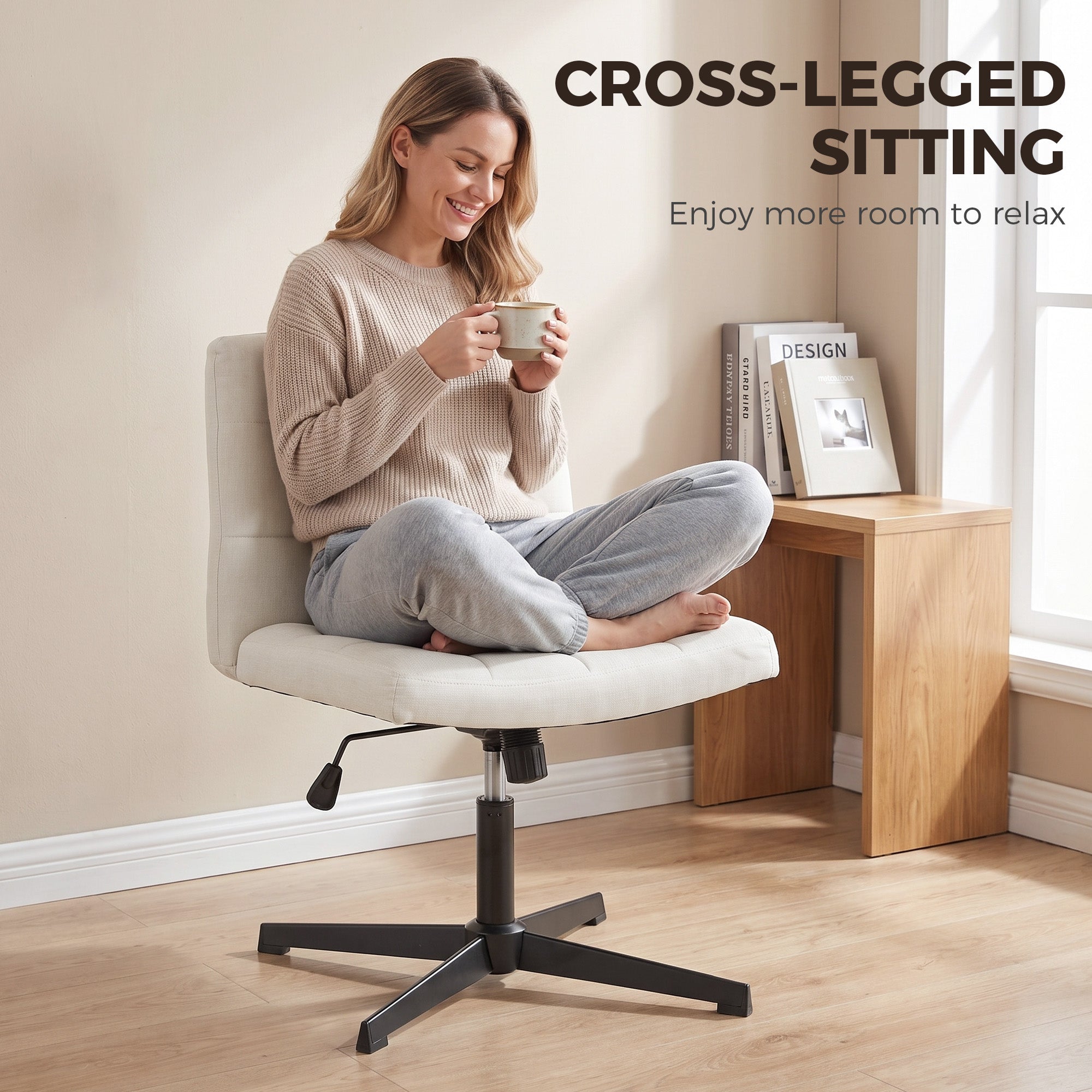 HOMCOM Armless Office Chair, Cross Legged Linen Computer Desk Vanity Chair with Wide Seat, Rocking Function, Beige