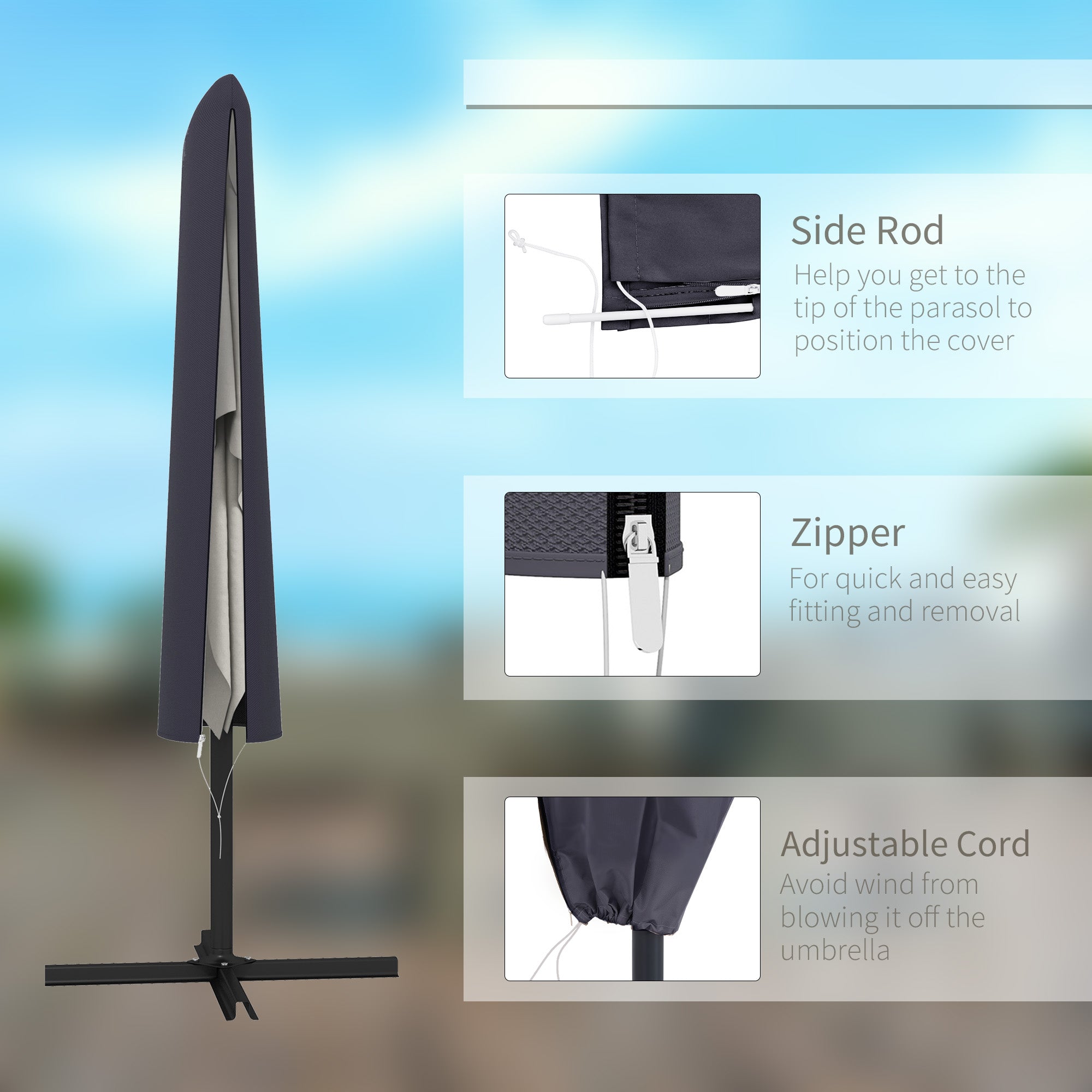 Outsunny Outdoor Cantilever Umbrella Cover Parasol with Rod, Zipper, Dark Grey - North Peak Garden Furniture