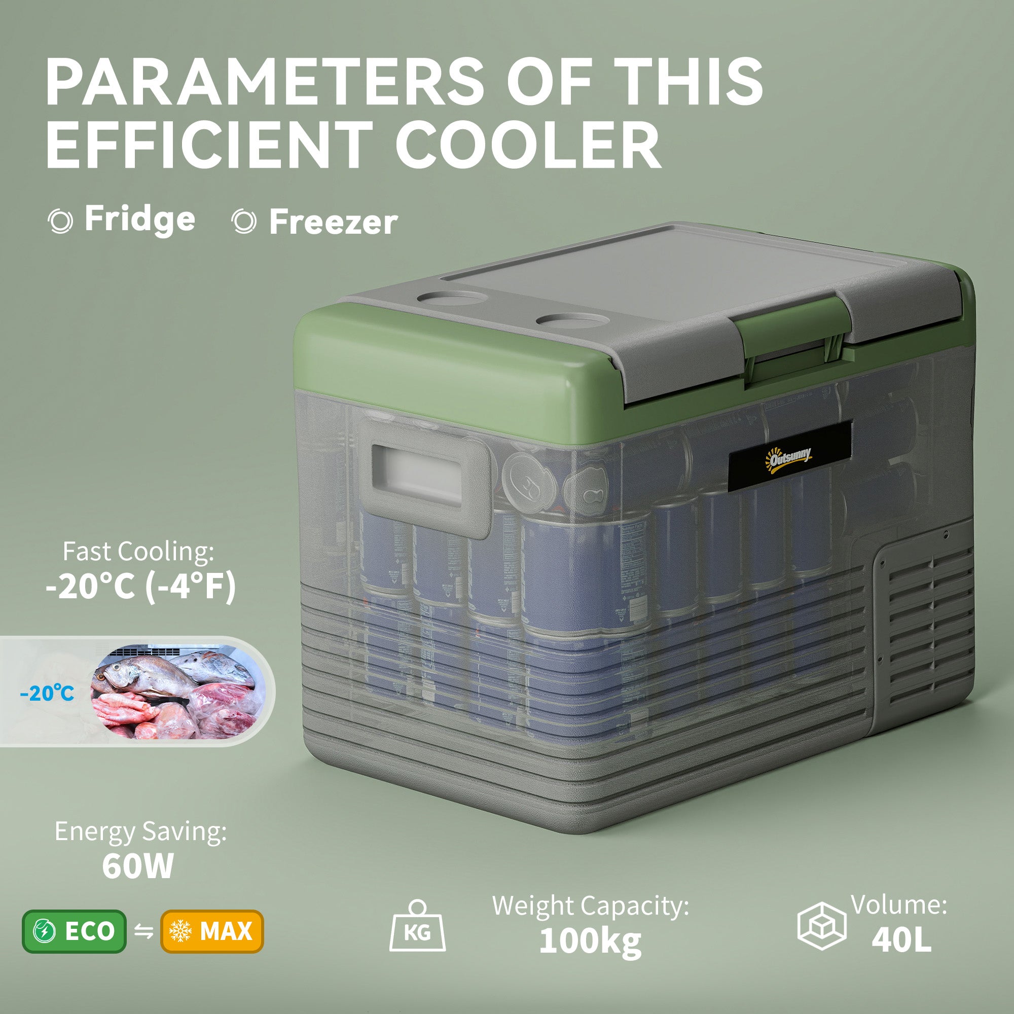 Outsunny 40L Portable Car Refrigerator - Light Green and Grey - North Peak Garden Furniture