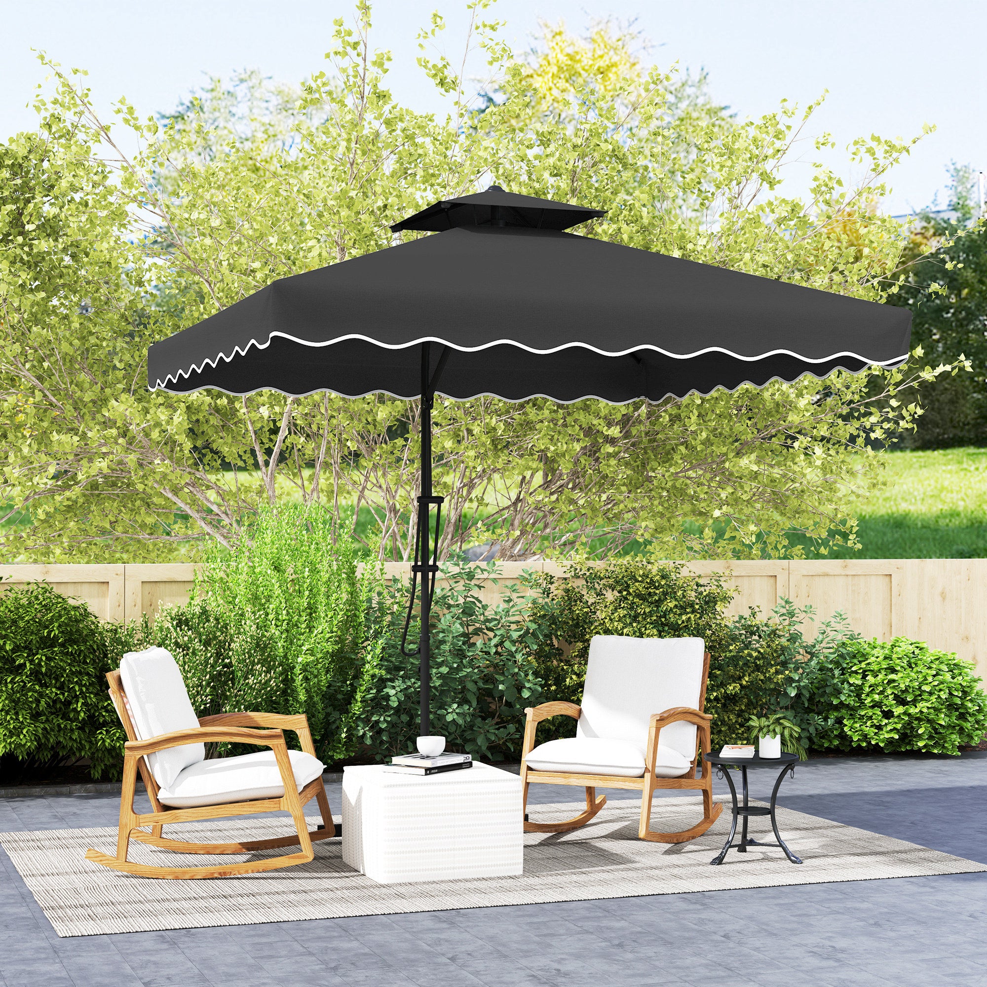 Outsunny 2.5m Cantilever Parasol with Easy Lever, Square Double Top Garden Parasol Umbrella with Ruffles and Cross Base, Overhanging Outdoor Sun Shades, Black - North Peak Garden Furniture