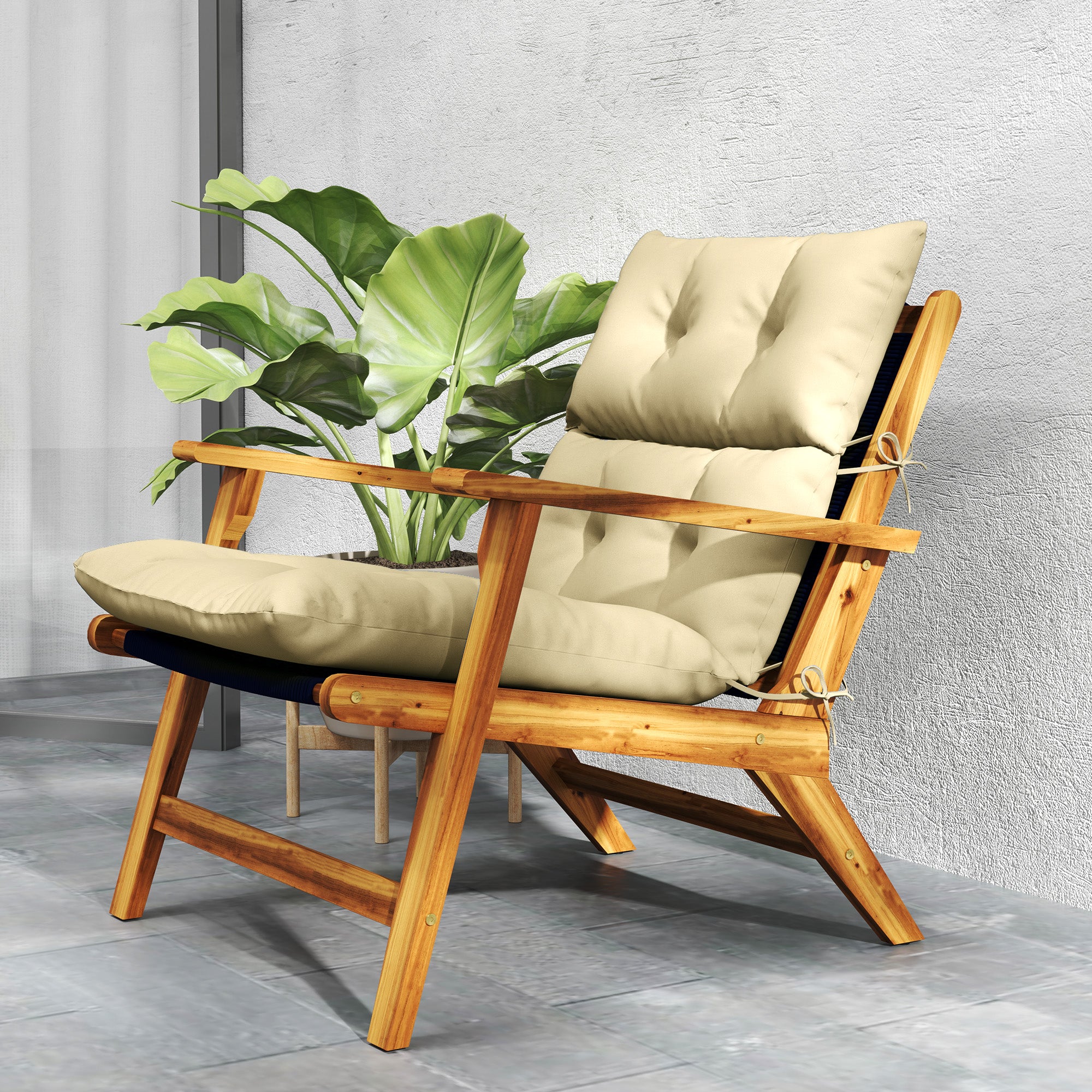 Outsunny Tufted Adirondack Chair Cushion, Thick Garden Seat Cushion Pad with Backrest, Rocking Chair Cushion with Ties for Outdoor and Indoor Use, Beige - North Peak Garden Furniture