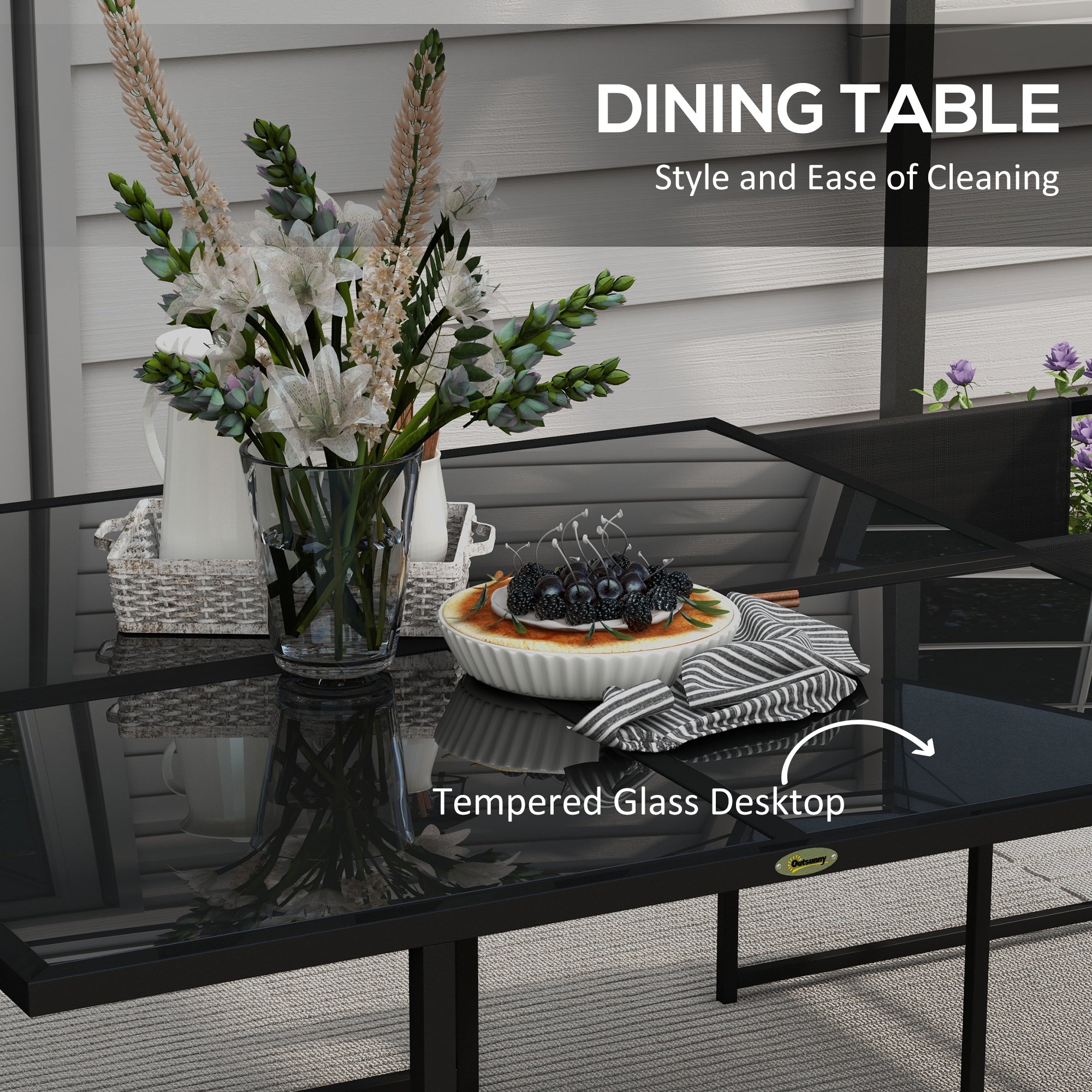 Outsunny 5 Piece Garden Dining Set with Breathable Mesh Seat, Adjustable Backrest, Tempered Glass Table Top for Patio, Black - North Peak Garden Furniture