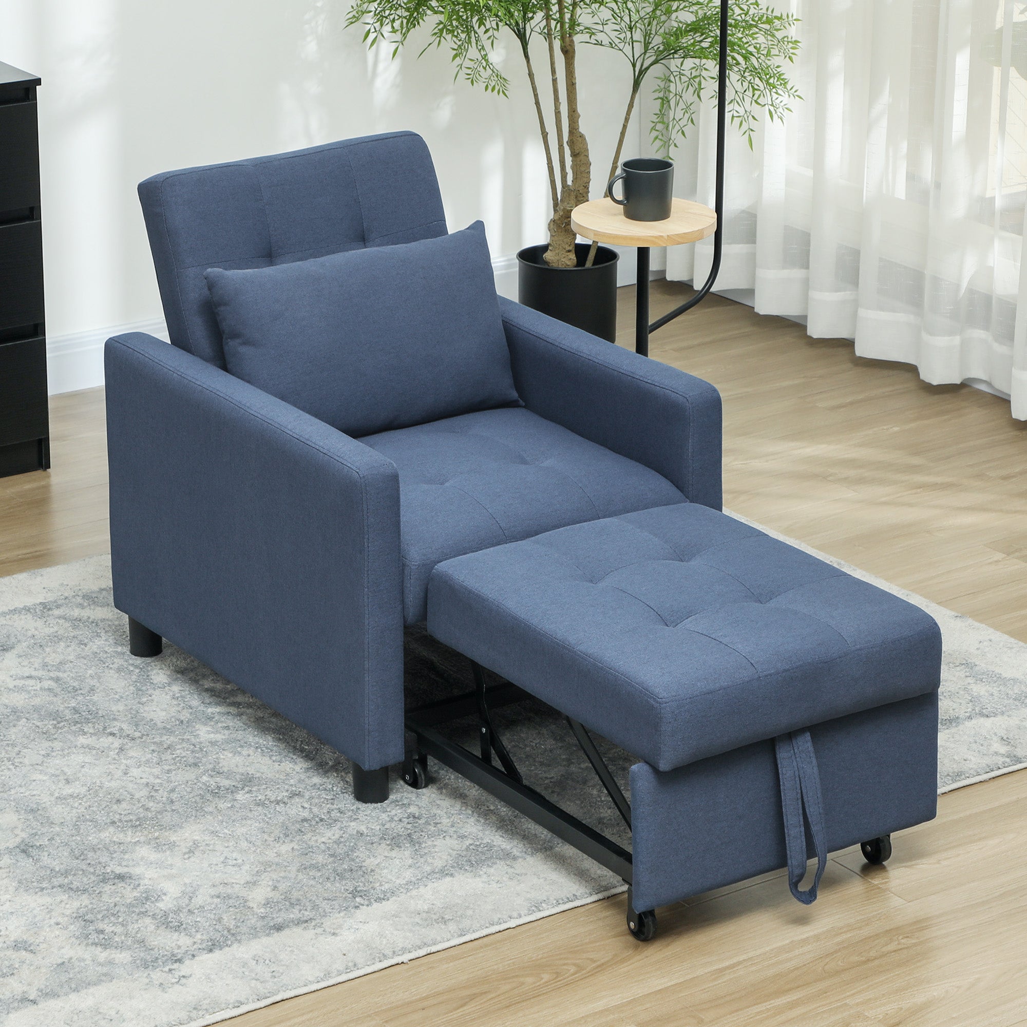 HOMCOM 3-In-1 Chair Bed, Convertible Sleeper Chair with Adjustable Backrest, Pillow and Footrest for Living Room, Blue - North Peak Garden Furniture