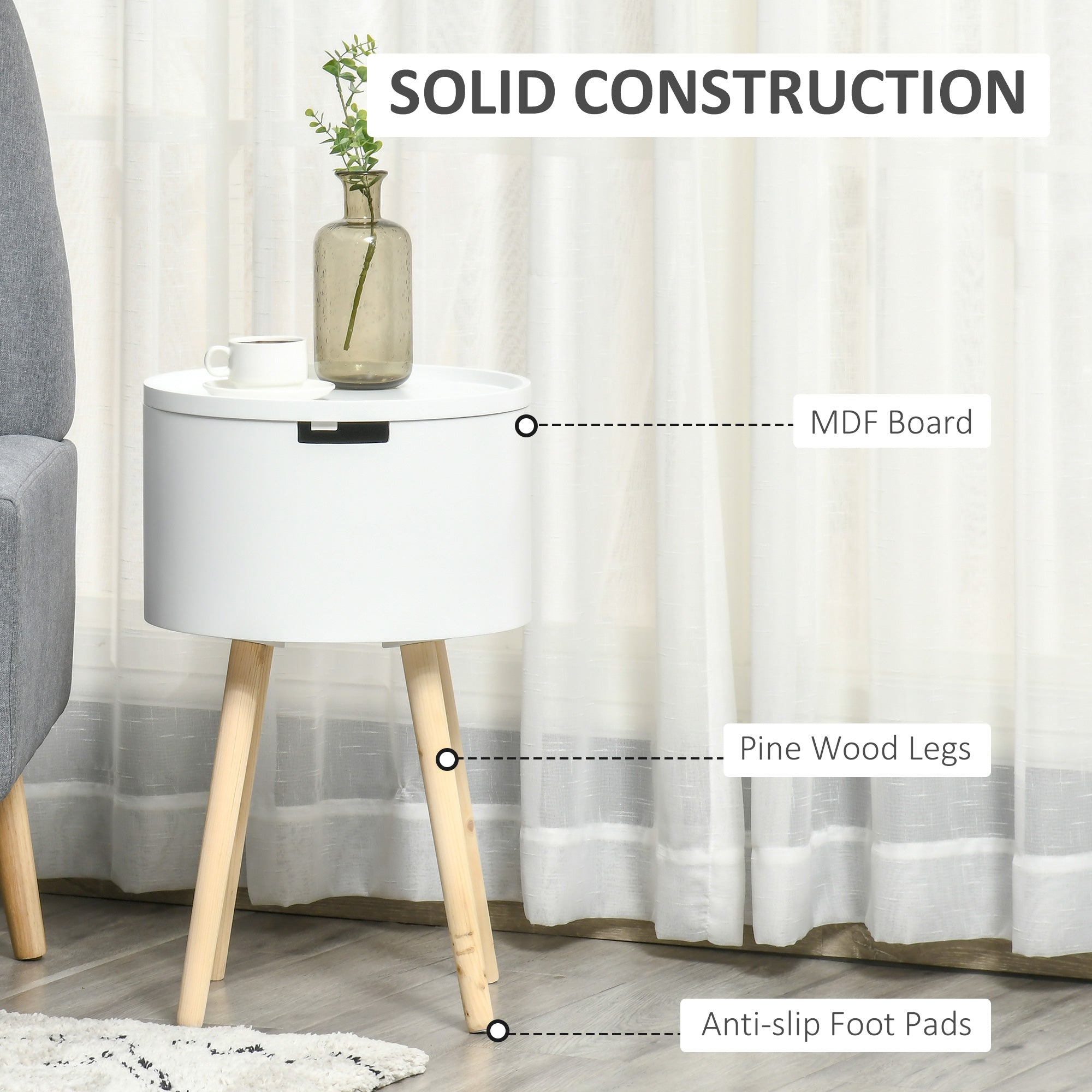 HOMCOM Modern Side Table with Hidden Storage Space, Round Night Stand with Removable Tray Wood Frame End Coffee Table for Living Room, Set of 2, White - North Peak Garden Furniture