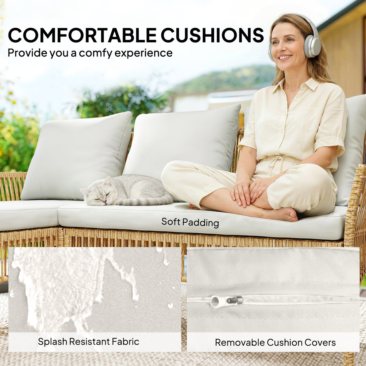 Outsunny 3 Piece Rattan Garden Furniture Corner Sofa Set with Chaise Lounge, Loveseat, Glass Coffee Table, Cushions, Natural Wood