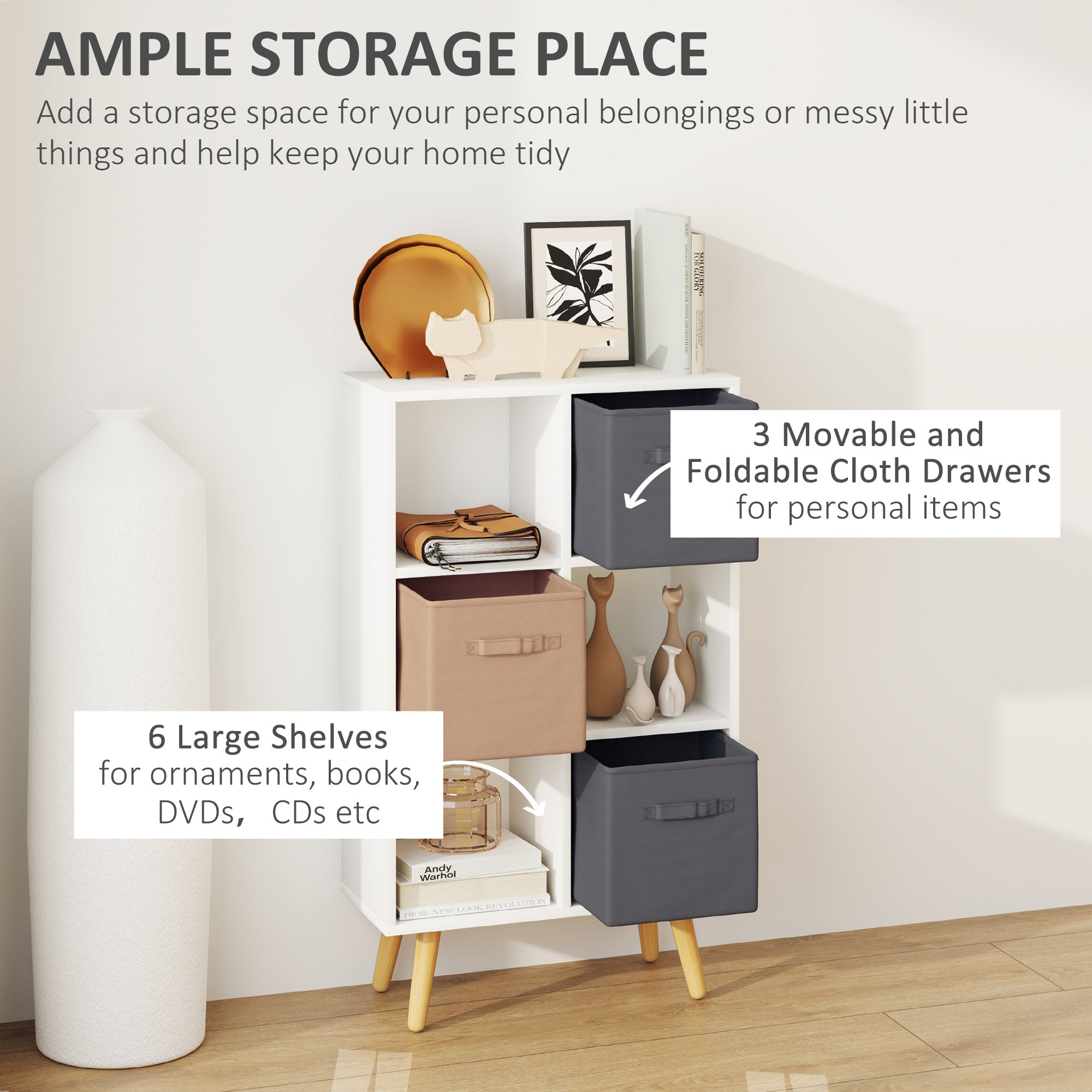 HOMCOM Freestanding 6 Cube Unit Cabinet Unit w/ 3 Fabric Drawers Handles Home Office Storage Shelves White - North Peak Garden Furniture