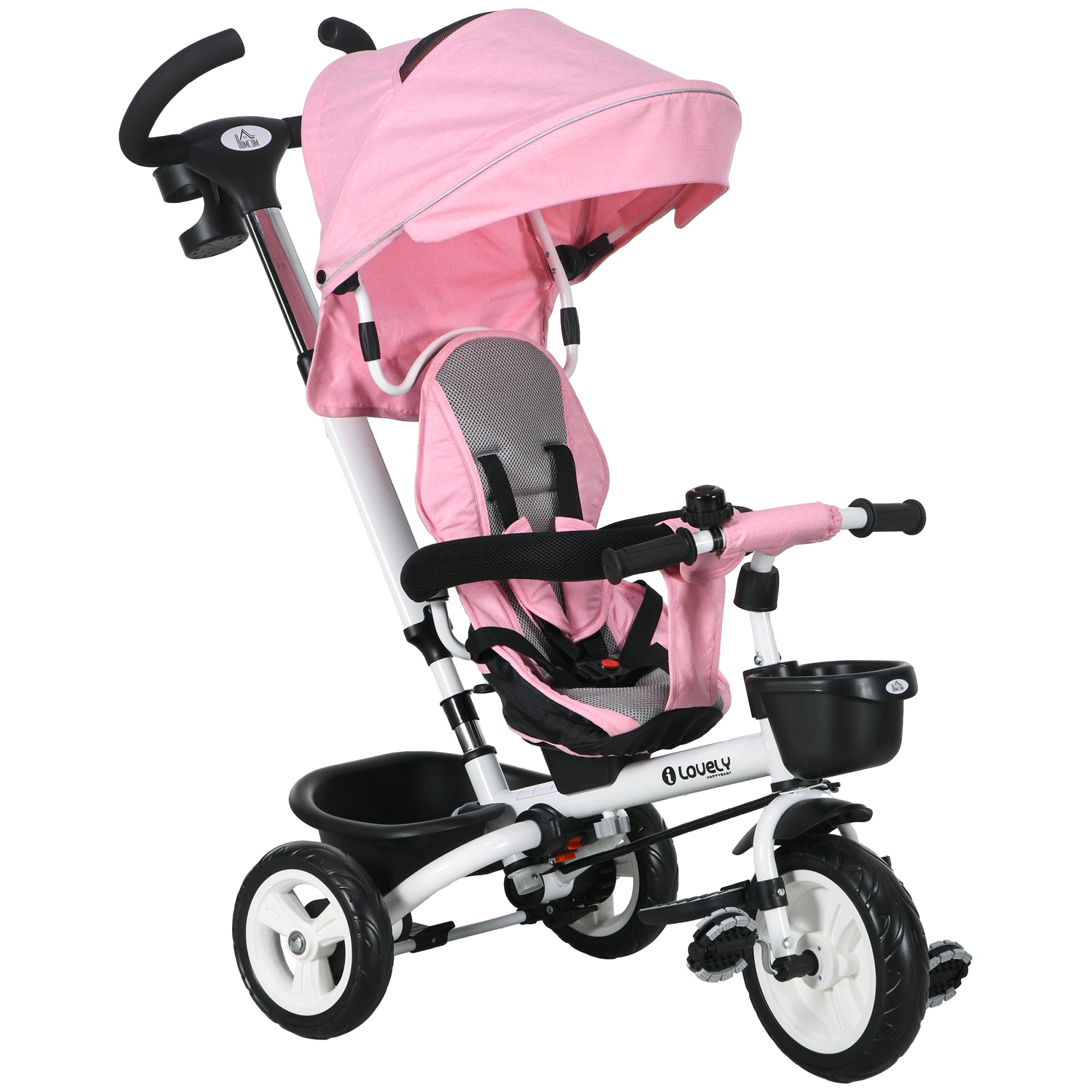 HOMCOM Metal Frame 6 in 1 Baby Push Tricycle with Parent Handle for 1-5 Years Old, Pink - North Peak Garden Furniture