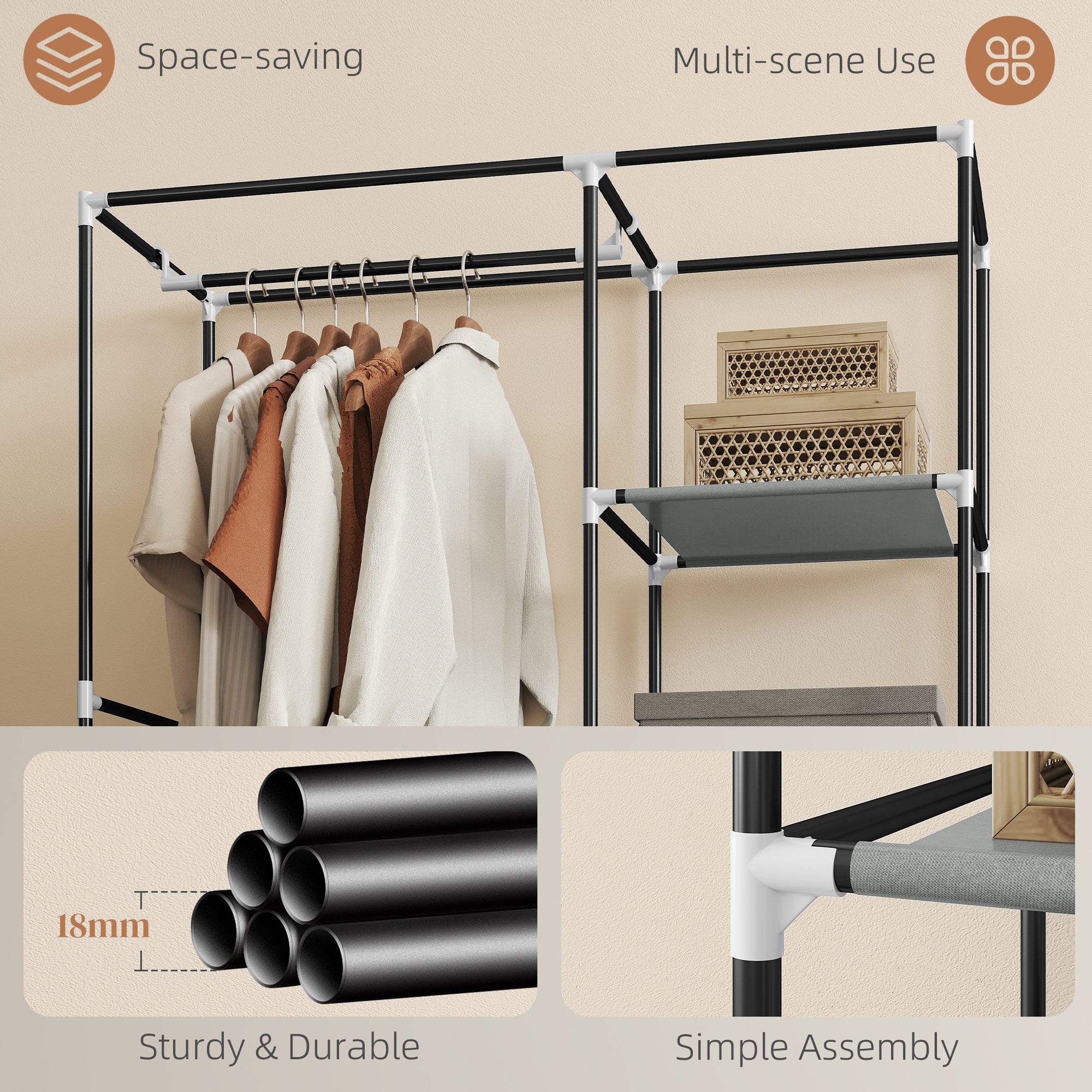 HOMCOM Fabric Wardrobe, Portable Wardrobe with 6 Shelves, 1 Hanging Rail, Foldable Closets, 103 x 43 x 162.5 cm, Light Grey - North Peak Garden Furniture