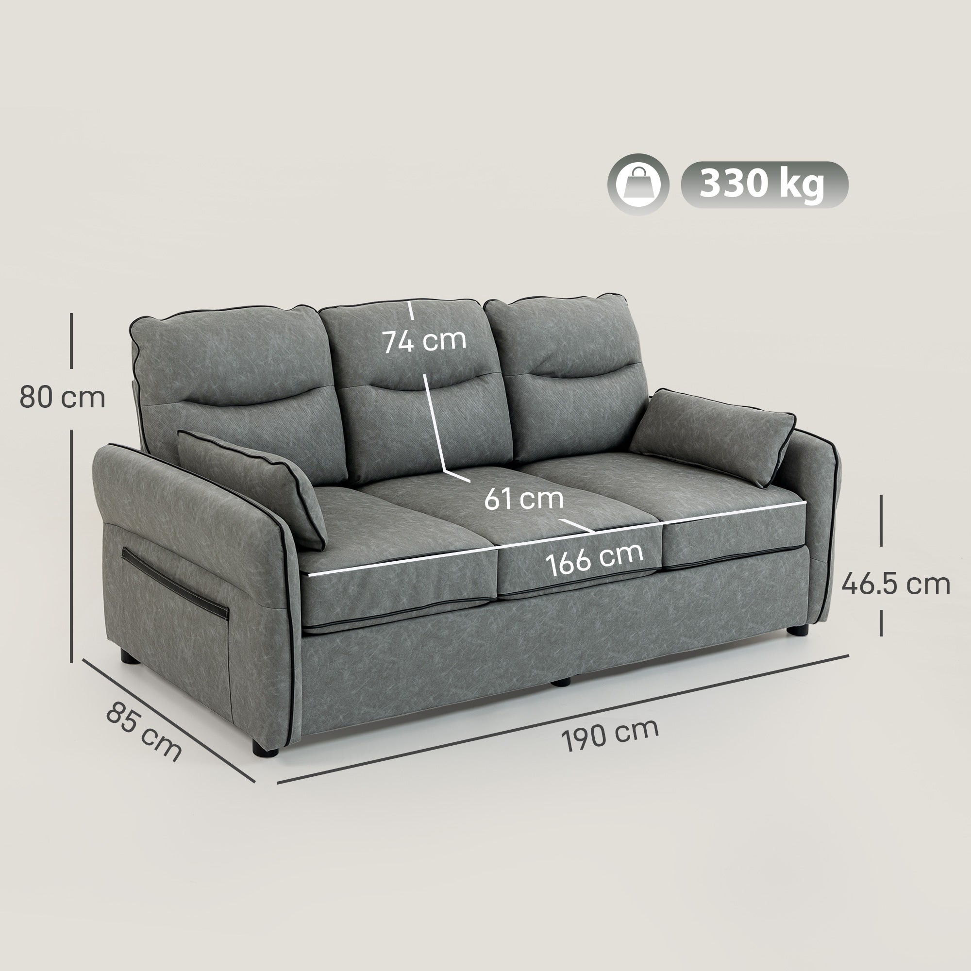 HOMCOM 3 Seater Sofa, Faux Leather Couch - Grey