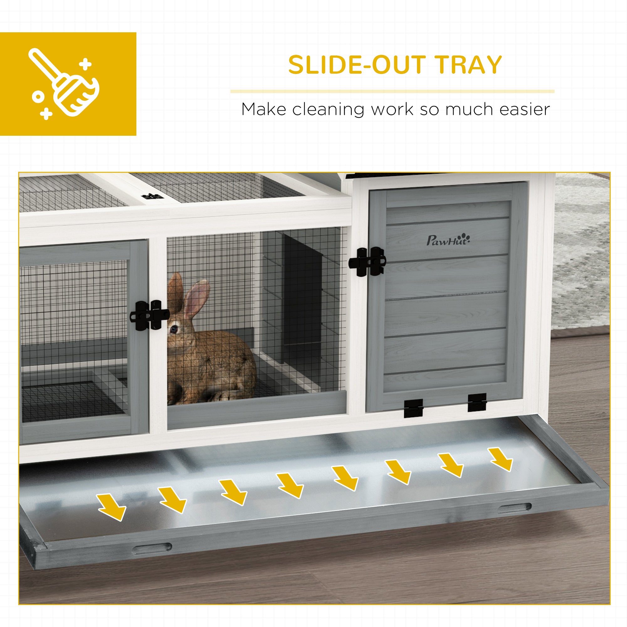 PawHut Wooden Rabbit Hutch, Guinea Pig Cage, with Removable Tray, Wheels - Grey - North Peak Garden Furniture