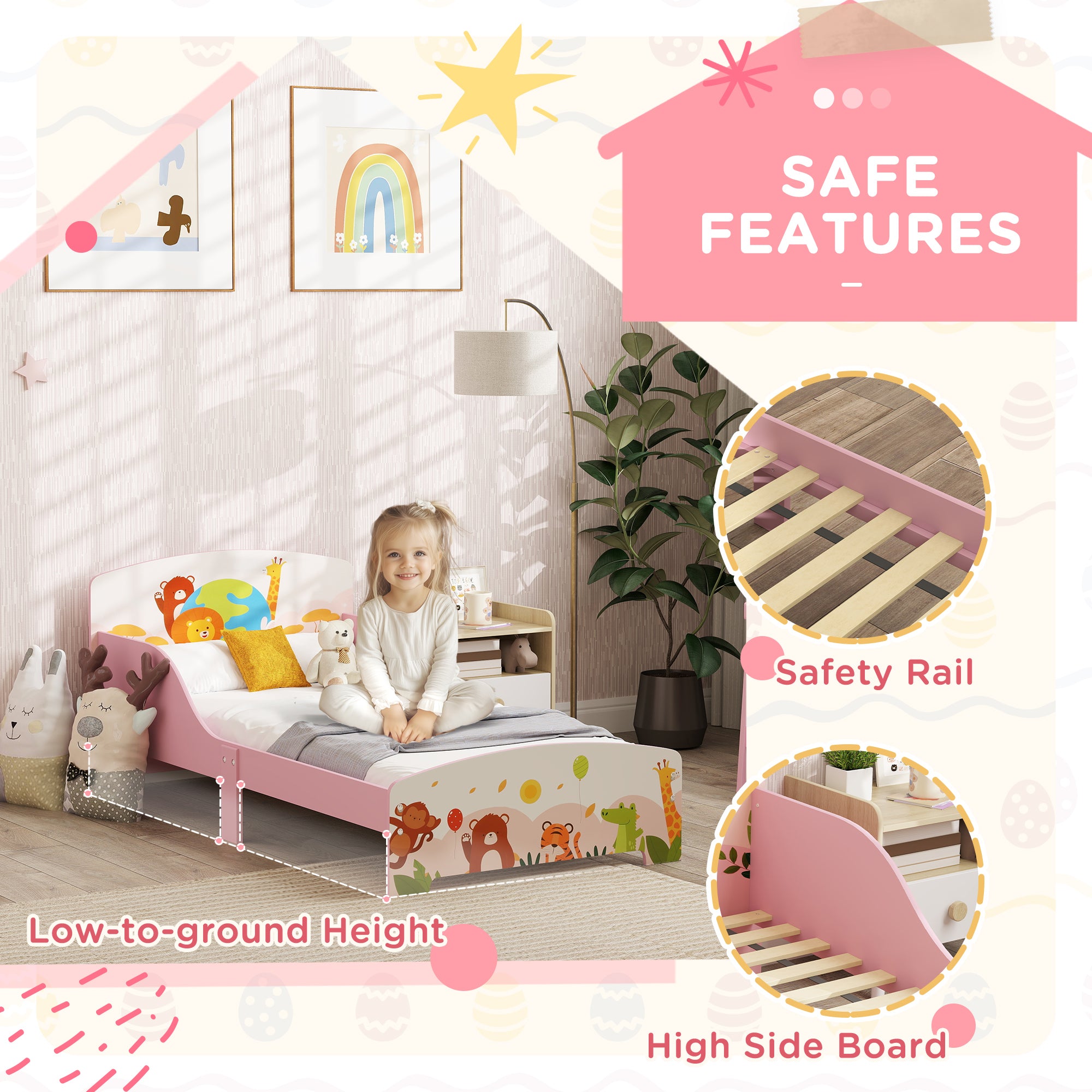 AIYAPLAY Cute Animal-Themed Toddler Bed w/ Safety Rails, 143 x 77 x 60cm - North Peak Garden Furniture