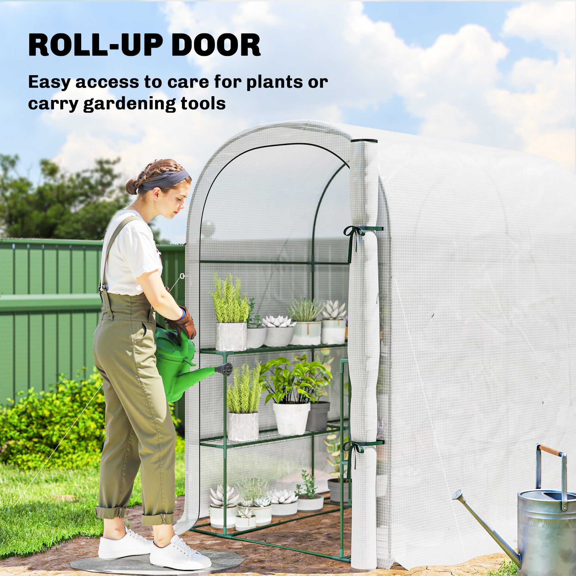 Outsunny Walk-in Greenhouse with Shelves, Small Greenhouse with PE Cover and Roll-up Door, 123 x 187 x 189 cm, White
