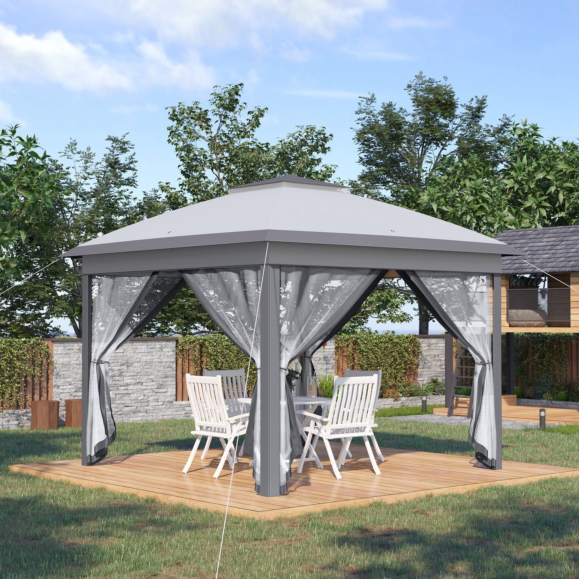 Outsunny 330cm x 330cm Pop Up Canopy, Double Roof Foldable Canopy Tent with Zipped Mesh Sidewalls, Height Adjustable and Carrying Bag, Event Tent for Patio Garden, Grey