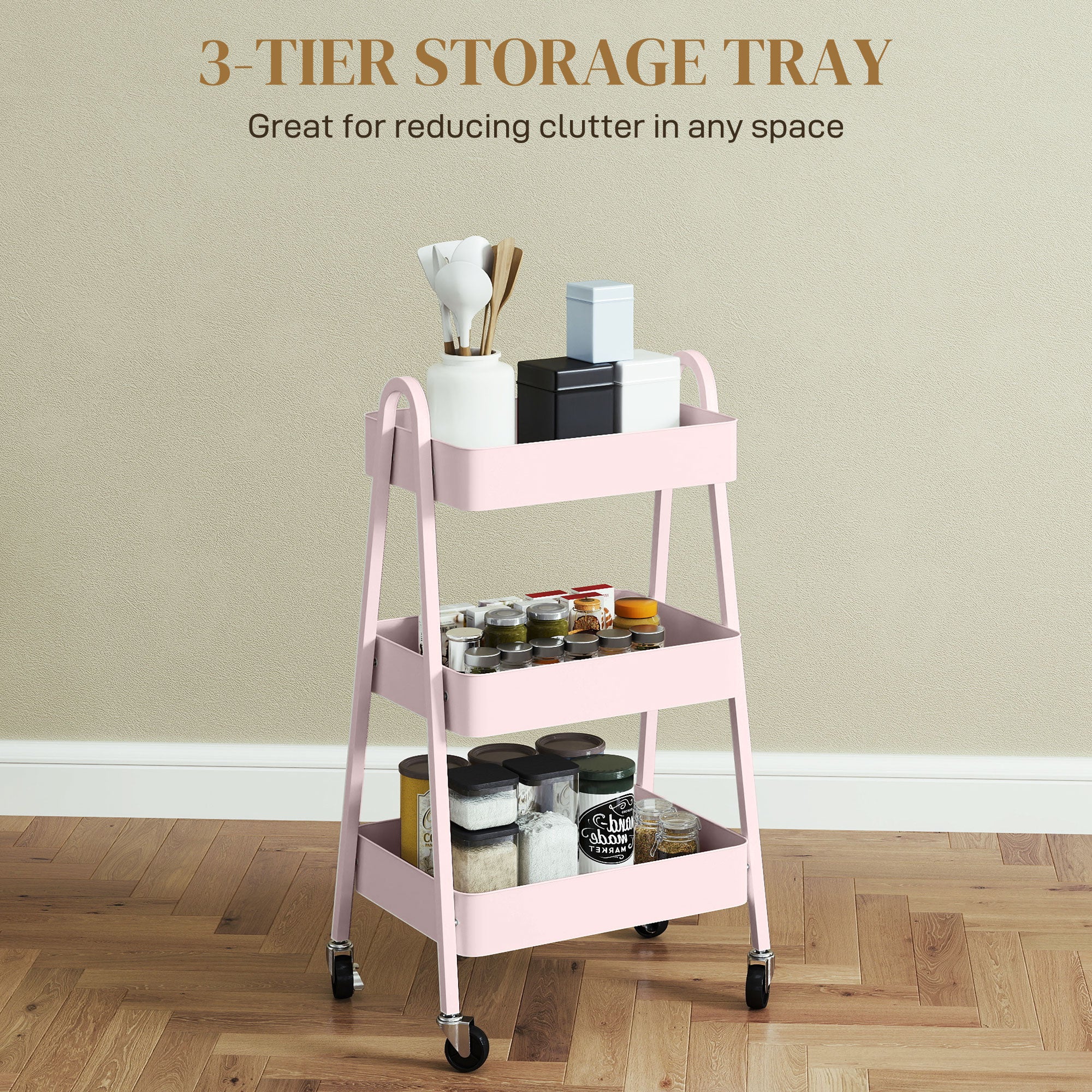 HOMCOM Three-Tier Storage Trolley - Pink - North Peak Garden Furniture