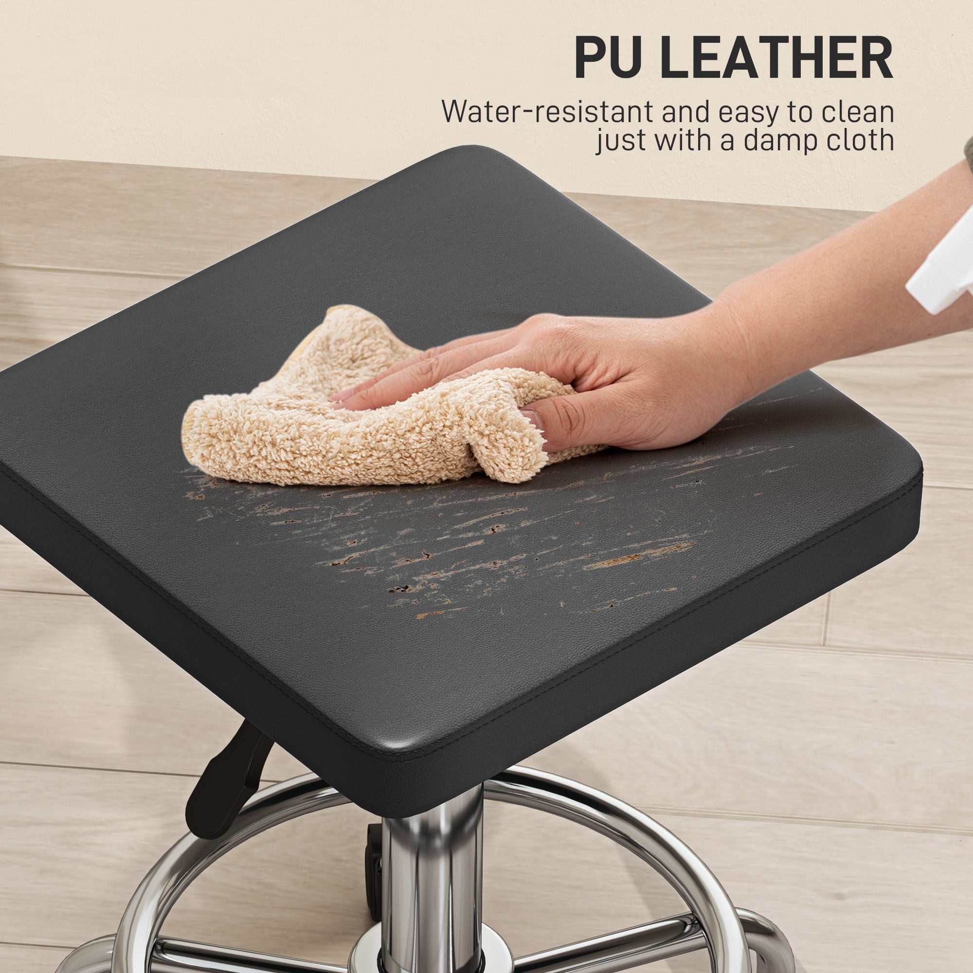 HOMCOM Adjustable PU Leather Rolling Stool - Black - North Peak Garden Furniture