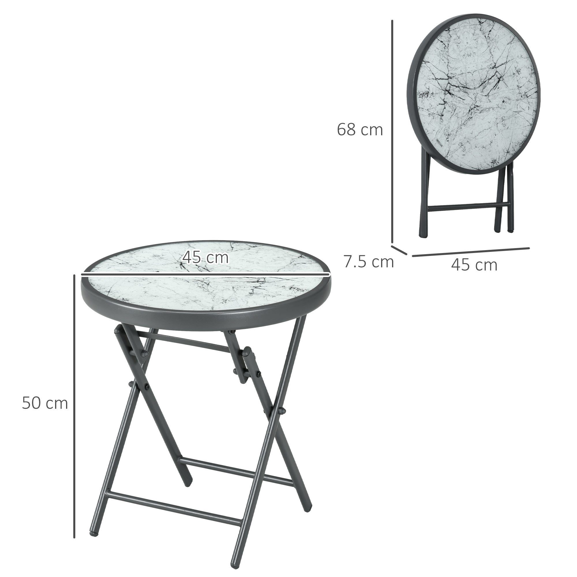 Outsunny Φ45cm Garden Side Table, Outdoor Round Folding Patio Table with Imitation Marble Glass Top, Small Coffee Table, White - North Peak Garden Furniture