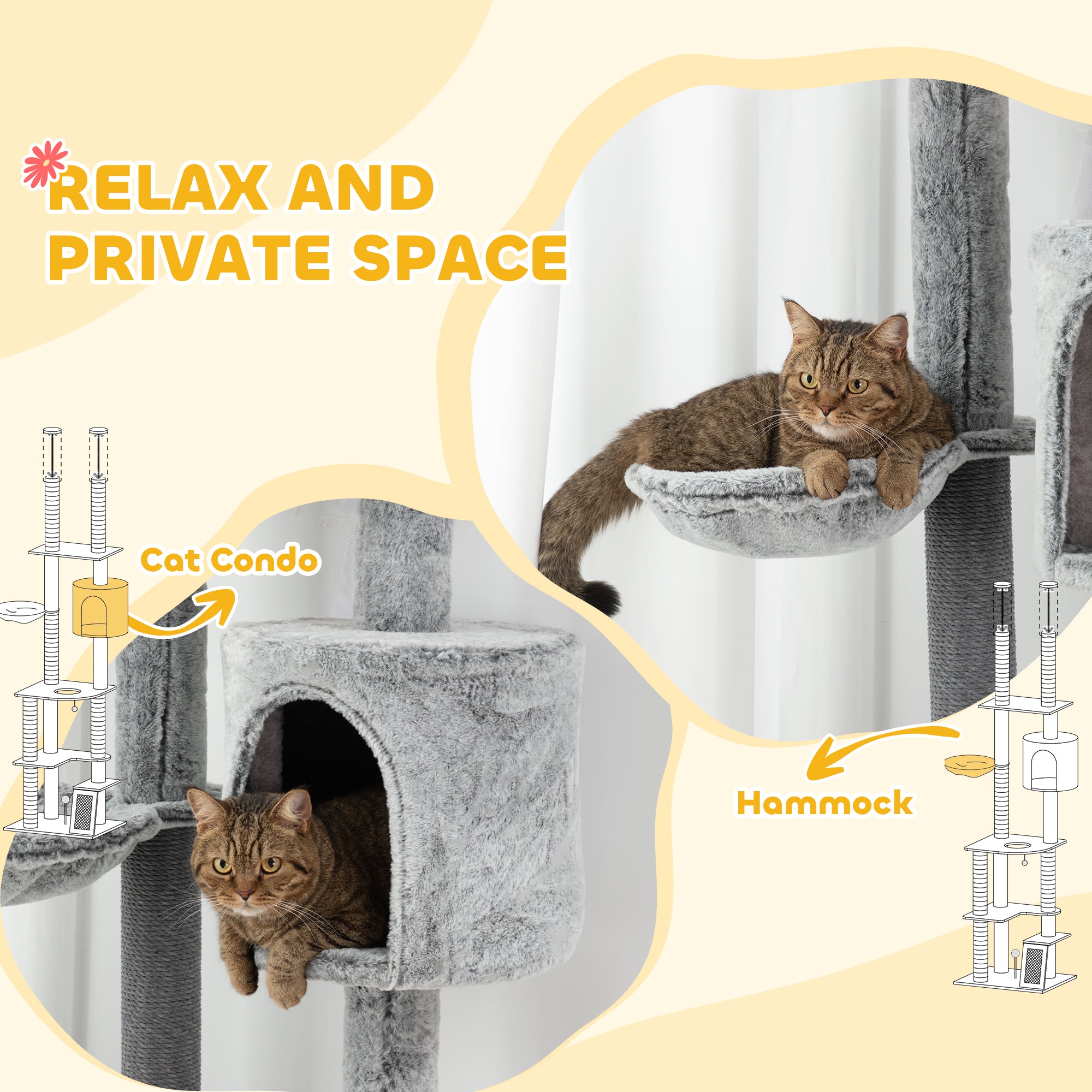 PawHut 225-255cm Height Floor-to-Ceiling Cat Tree Large Cat Tower w/ Cat Scratching Posts, Ramp, Condo - North Peak Garden Furniture
